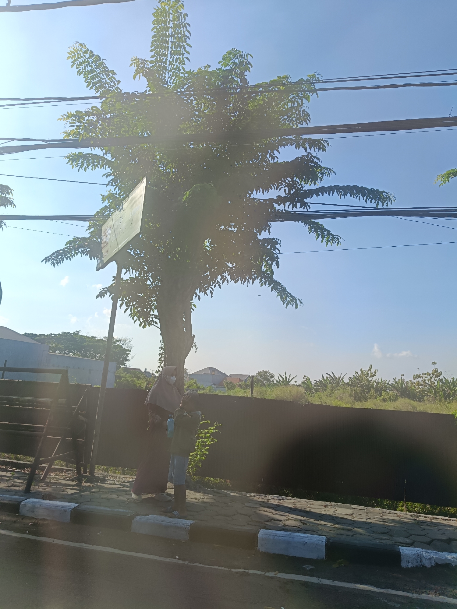 The image depicts a scene on a sunny day, possibly in Klangonan, Indonesia. Two individuals are standing near a tree on a sidewalk. One person, appearing to be an adult, is wearing a hijab and a long, dark dress. The other, a child, is wearing a light-colored t-shirt and shorts. They are standing next to a large tree with many leaves, and a sign is attached to its trunk. In the background, there is a dark fence, followed by a field with various plants and trees, and some buildings can be seen further in the distance. Overhead, power lines are visible against a clear blue sky. The sidewalk is paved with hexagonal tiles and bordered by a curb with painted stripes. A metal structure resembling a ladder is also visible on the left side of the image.