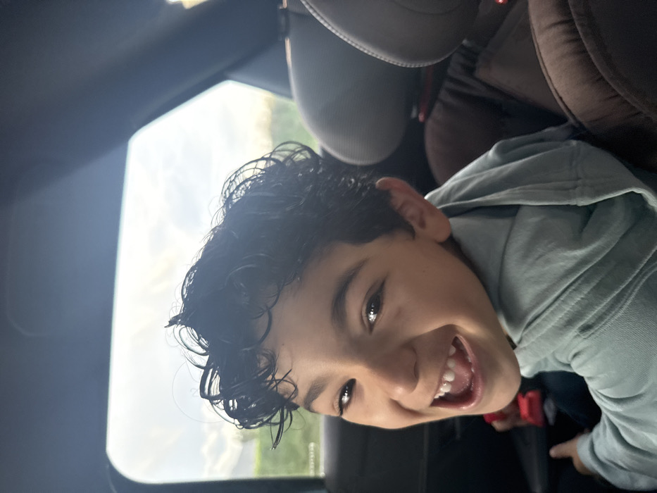 A young male subject, approximately primary school age, with dark, curly hair and a light complexion, is depicted in the rear passenger compartment of a vehicle in Pourrières, France. He is smiling broadly, mouth open, revealing a full set of primary teeth, and looking directly at the camera. The subject is wearing a light blue hooded sweatshirt. Behind him, brown upholstered vehicle headrests are visible. Through the vehicle's window, an exterior scene shows an overcast sky and a distant green landscape.
