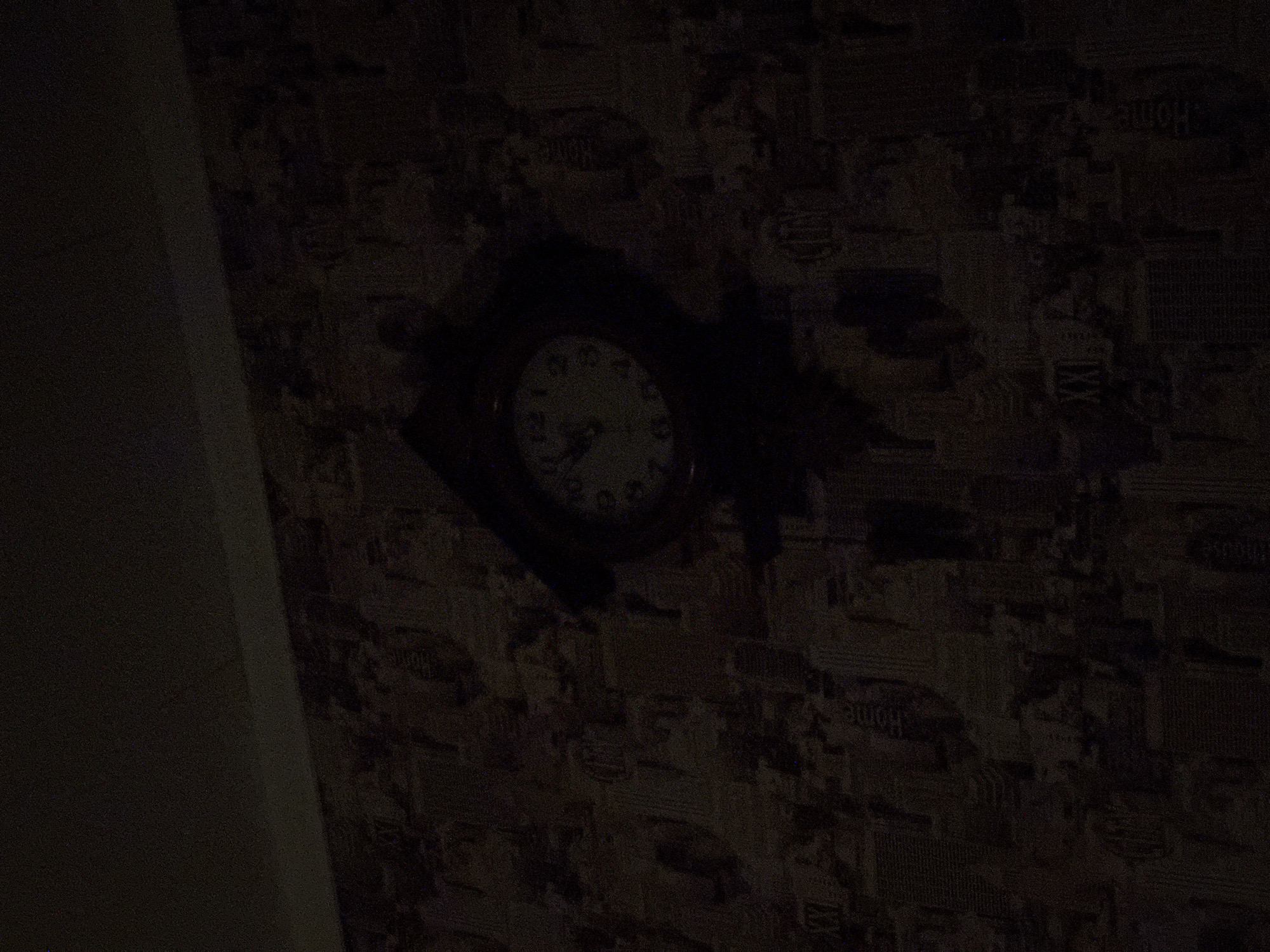 The image shows a dark, dimly lit interior. A clock with Roman numerals is mounted on a wall covered in patterned wallpaper, possibly depicting city buildings. The wallpaper pattern is intricate and appears to have a vintage or ornate design. The lighting is very low, casting deep shadows across the scene and making it difficult to discern fine details. The image does not provide any information about the location within Sovkhoza "Razdol'e", Russia, nor does it contain any people, actions, or interactions. It is a still, observational shot of an interior element.