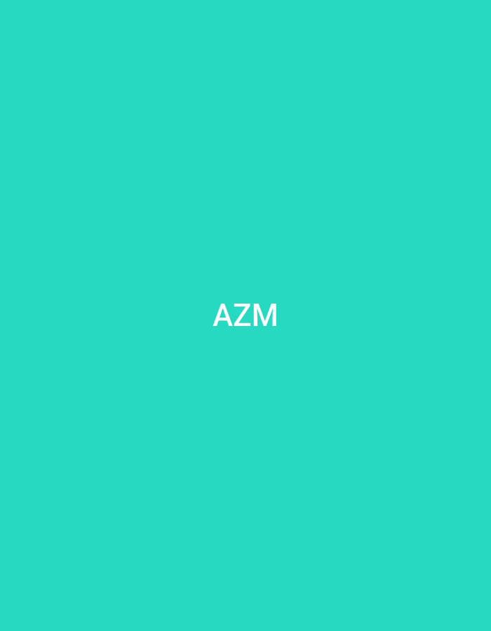 The image, originating from the city of Casablanca, Morocco, features a solid, vibrant teal background. Centered on this background are the capital letters 'AZM', rendered in a light pink/white sans-serif typeface. The scene is a minimalist digital graphic, devoid of any discernible people, physical objects, actions, interactions, or specific environmental details.