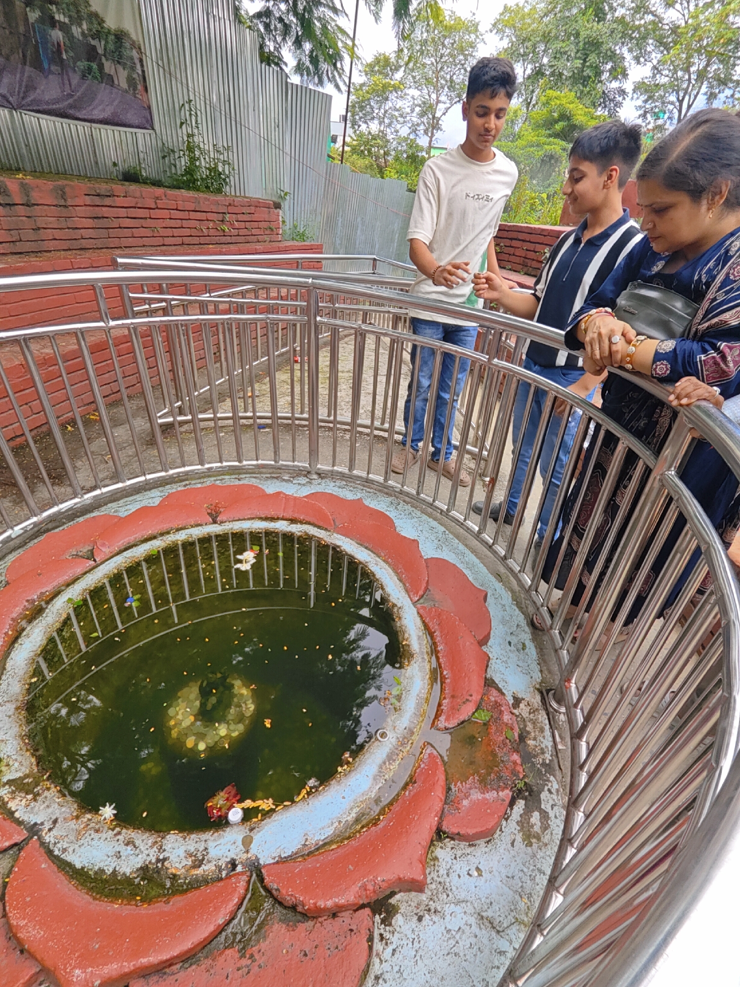 A family, consisting of a woman and two teenage boys, stands near a decorative well at the entrance of a religious site in Pokhara, Nepal. The well, designed to resemble a lotus flower with red petals, is filled with murky green water containing coins, flower petals, and debris. The family is gathered around a silver metal railing surrounding the well, observing the water. The woman, on the right, wears a blue patterned outfit and jewelry. The boy in the center wears a blue and white striped shirt, while the boy on the left is in a white t-shirt. In the background, a corrugated metal fence and brick wall are visible, along with trees and foliage. The ground around the well is paved.