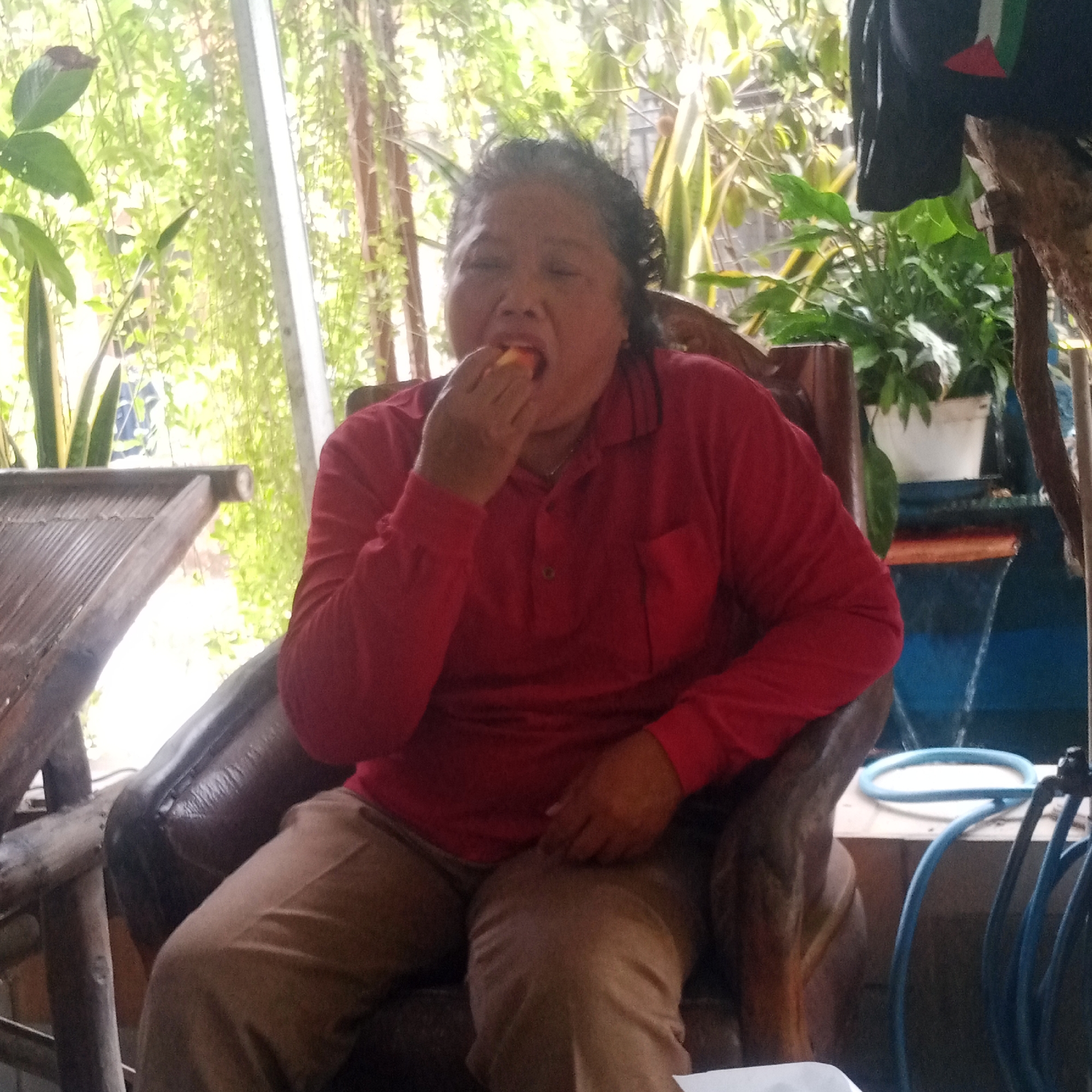 A woman sits in a carved wooden chair, eating a piece of fruit. She is wearing a red long-sleeved shirt and tan pants. The chair is located outdoors, with lush green foliage visible in the background. To the left of the chair is a bamboo table. To the right, a blue hose is coiled on a wooden surface, and a small waterfall is visible. The woman appears to be at a resort or a private residence in Semanding, Indonesia, given the presence of tropical plants and the outdoor setting.