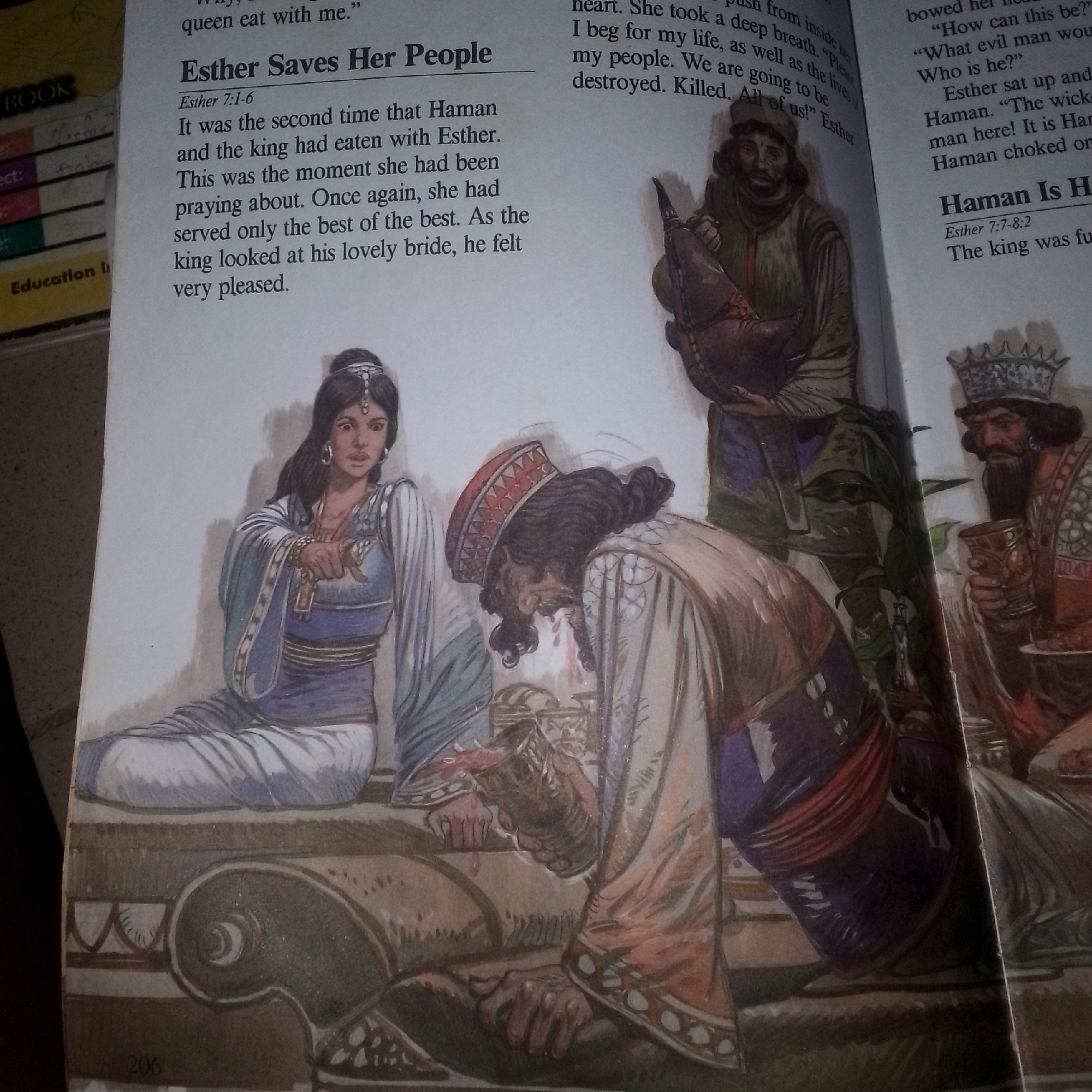 The image depicts an illustration from a book, likely a religious text, with two distinct sections of text and accompanying artwork. On the left, a passage titled "Esther Saves Her People" is shown, referencing Esther 7:1-6. The accompanying illustration features a woman in ancient attire, seated and gesturing with her right hand. To her right, a man in elaborate clothing is depicted bowing deeply, with his head touching the ground. The setting appears to be an interior, possibly a palace hall, indicated by ornate furniture and decorative elements.
To the right of this section, another passage begins with "Haman Is Ha" and references Esther 7:7-8:2. This section of text is accompanied by a separate illustration that includes a regal figure wearing a crown, holding a chalice. To his left, another man is shown in a similar pose to the one in the left illustration, bowing. The overall artistic style suggests a historical or biblical narrative. The page number "206" is visible at the bottom left of the illustration.