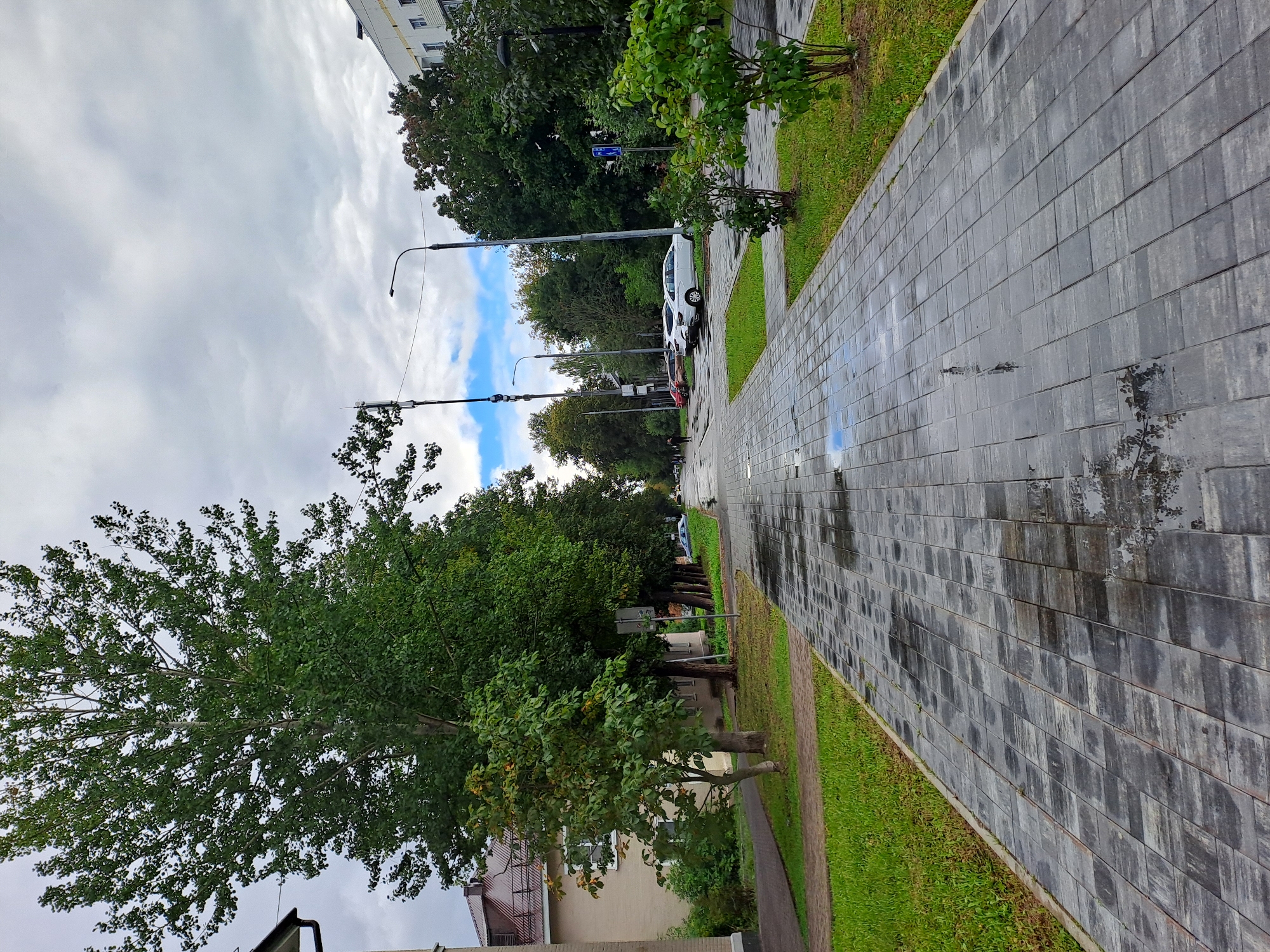 The image depicts a wet, paved sidewalk on a cloudy day in Elektrostal, Russia. The sidewalk is made of gray rectangular pavers, some of which have puddles reflecting the sky and surrounding trees. To the left of the sidewalk, there is a strip of green grass and a building with a red roof. Further to the left, a large tree with green foliage is visible. To the right of the sidewalk, there is also a strip of grass, a small bush, and parked cars in the distance. Trees line the street, and a lamppost is visible. The sky is overcast with some patches of blue sky peeking through. There is a single person walking in the distance on the sidewalk.