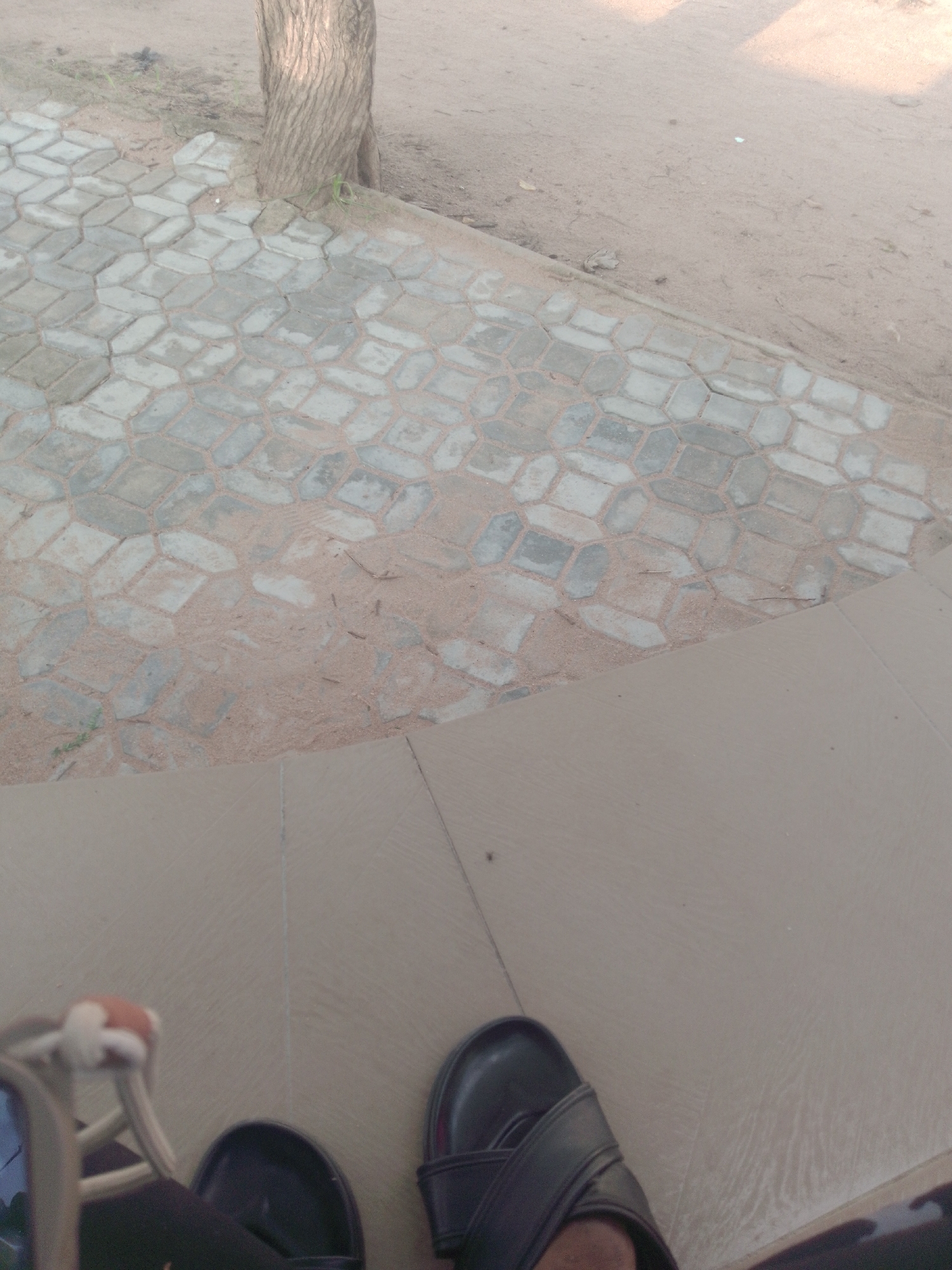 The image shows a ground-level view of an outdoor area with a tree and patterned paving stones. The paving stones are light gray and arranged in a repeating geometric pattern, interspersed with a reddish-brown sandy material. The base of a tree trunk is visible on the upper left, with rough bark texture. In the foreground, two feet wearing dark-colored sandals are visible on a beige tiled surface. The overall environment appears to be a public space, possibly a pathway or garden area. The lighting suggests it is daytime. The location is identified as Jalingo, Nigeria.