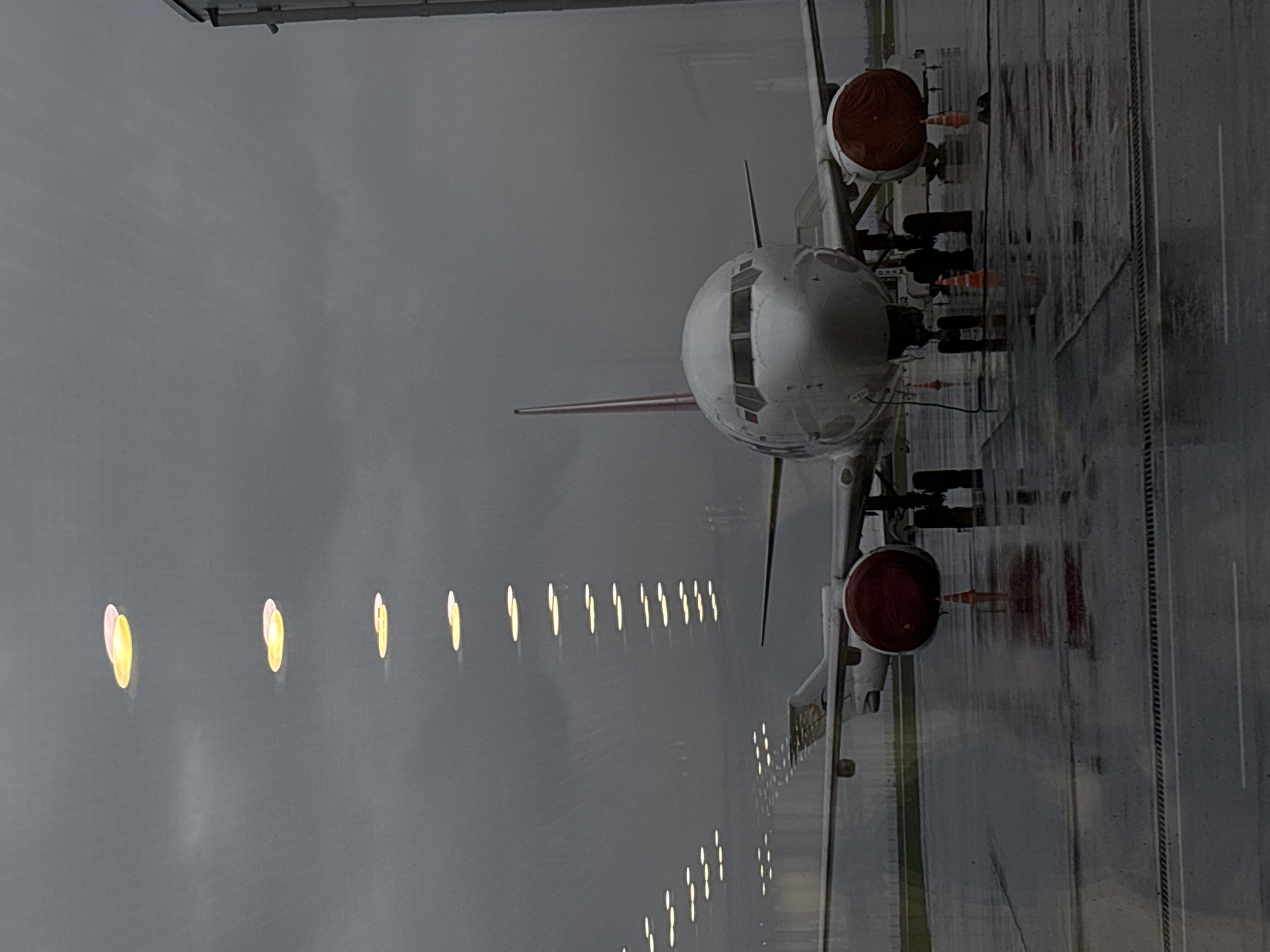 A gray, overcast, and rainy scene shows the nose of a commercial airplane with red-colored engine covers parked on the tarmac at an airport. The plane is facing away from the camera. In the lower left, a row of runway lights stretches into the distance, reflecting on the wet surface. The location in the city of Новое Мартьяново, Russia is not discernible from the image. No people or subjects are visible except for the aircraft.