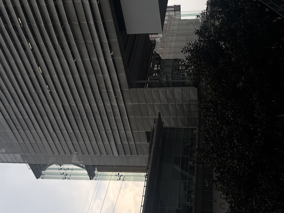 The image depicts a partial view of the Torre Reforma Latino building, located at Paseo de la Reforma 250, Juárez, Mexico City, Mexico, under an overcast sky. The upper and central sections of the high-rise tower dominate the frame, displaying a facade primarily composed of numerous horizontal louver-like panels. To the left, a distinct vertical structure of glass and dark-colored steel framework extends along the side of the main building. A significant multi-story open recess or cantilevered section is visible in the middle-right of the main tower. Below the tower, a lower, adjacent building features a dark glass facade and a flat roof. A balcony on this lower structure holds two white outdoor chairs. The foreground is occupied by dense, dark green foliage, partially obscuring the base of the buildings. Overhead in the upper left, utility cables are visible against the pale sky. No individuals are clearly identifiable.