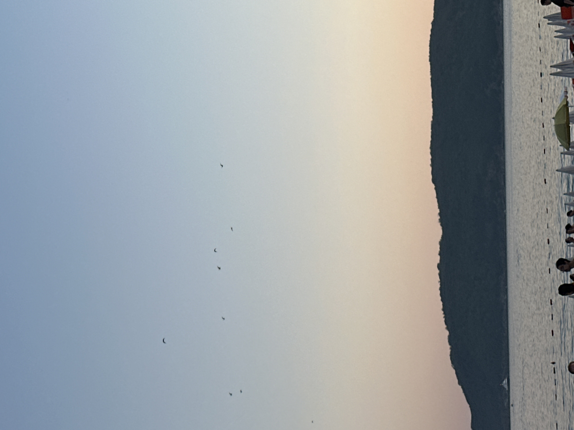 This image captures a serene coastal scene at Boreti, Montenegro. The sky transitions from a clear blue at the top to a soft peach hue near the horizon, indicating either dawn or dusk. Several birds are visible flying in formation across the sky. Below the sky, a dark, tree-covered hill dominates the middle ground, with the calm sea stretching out in front of it. In the distance, a white boat is visible on the water. The foreground shows a beach area with people swimming in the sea and a few beach umbrellas. The overall atmosphere is peaceful and tranquil, typical of a seaside resort.