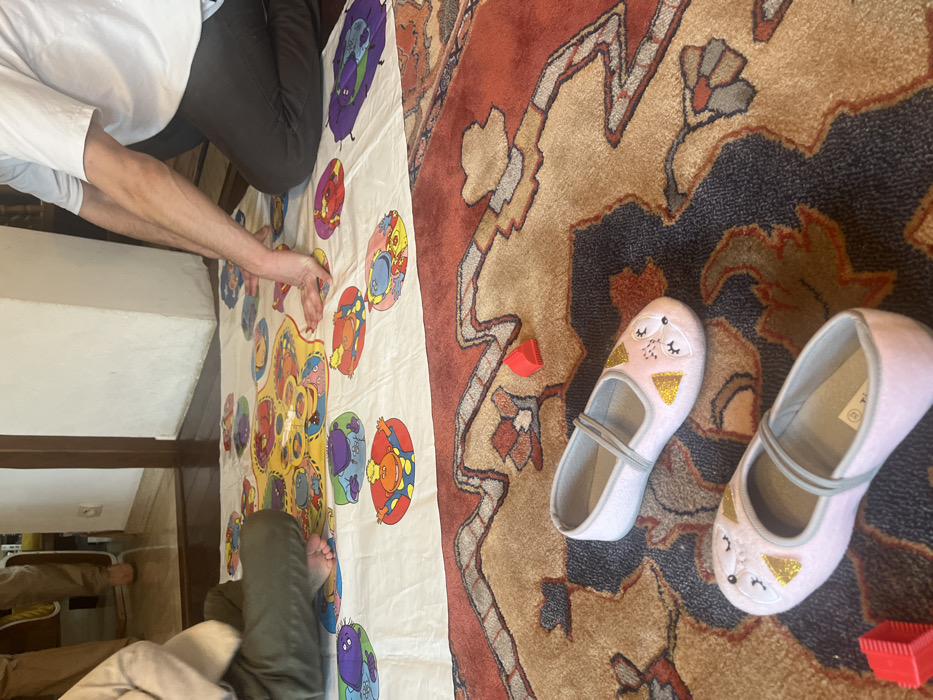 The image depicts an indoor scene in what appears to be a home in Ancenis, France, focusing on a playful activity on the floor. On the left side, a large, light-colored playmat or blanket is spread out, covered with numerous colorful, circular cartoon characters in shades of purple, red, orange, yellow, blue, and green.
Two individuals are partially visible, interacting with this mat. An adult, wearing a white shirt and dark pants, is positioned to the left, with their hands placed on the mat, suggesting engagement in a game or activity. Further towards the bottom left, the bare feet and lower legs (wearing green pants) of another person, likely a child, are also on the mat, indicating shared play.
Adjacent to the playmat, a richly patterned rug covers part of the floor, featuring intricate designs in shades of red, beige, and dark blue/black. On this rug rests a pair of light pink children's shoes, resembling slippers or ballet flats, adorned with a cute fox face design, including gold glitter ears and embroidered facial features. The sole of one shoe clearly displays the European size "30." Nearby, two small red plastic objects, possibly toy blocks or game pieces, are scattered on the rug. The overall ambiance suggests a casual and domestic setting.