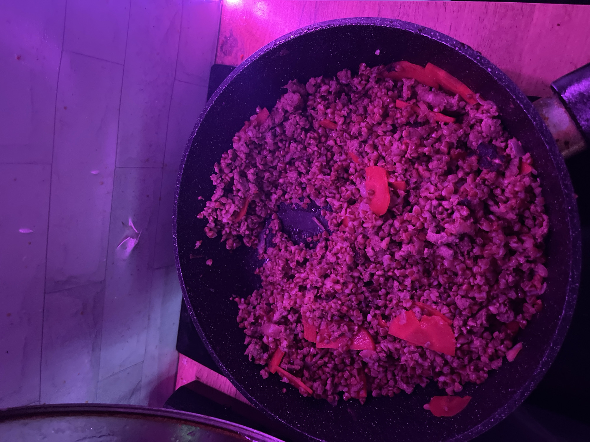 This overhead shot captures a dark-colored frying pan filled with a cooked meal, set indoors, likely within a kitchen in Saint Petersburg, Russia. The pan holds a granular dish, appearing to be a mixture of ground meat and buckwheat or another grain, interspersed with visible pieces of reddish-orange vegetables, possibly carrots or bell peppers. A cooking utensil, likely a spatula, is partially embedded in the food towards the center of the pan.
The pan is situated on a wooden surface, which could be a countertop or a cutting board. Adjacent to the pan, a light-colored tiled floor with visible grout lines extends to the left. In the bottom-most foreground, a segment of another circular, dark object, possibly a different pot or bowl, is visible.
The entire scene is illuminated by a dominant artificial light source, casting a vibrant purple-pink hue that saturates the image. This distinctive lighting bathes the food and its surroundings in a magenta glow, giving the image a unique aesthetic and altering the apparent colors of the ingredients. No people or visible text are present in the image. The scene depicts a culinary moment, focusing on a home-cooked meal.