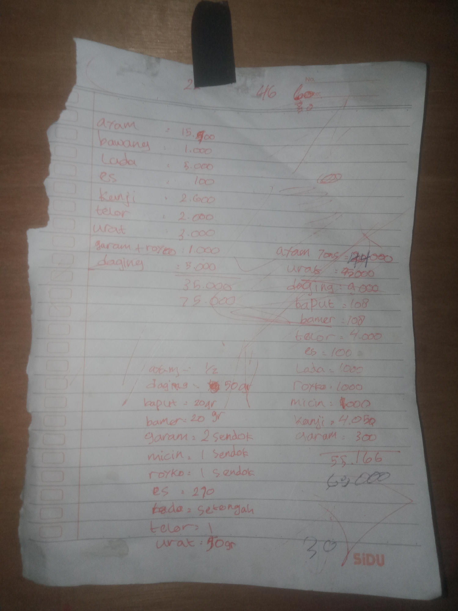 The image is a close-up, eye-level, overhead shot of a torn piece of ruled notebook paper with handwritten Indonesian text and numbers. The text appears to be a grocery list or a tally of expenses. The paper is laid on a wooden surface, which is visible in the background. The handwriting is in red ink, with some scribbled red lines crossing out certain entries or totals, suggesting revisions or calculations.
The list includes items such as "Aram" (salt), "Bawang" (onion), "Lada" (pepper), "Es" (ice), "Telor" (egg), "Daging" (meat), and "Micin" (MSG). Numerical values, likely prices or quantities, are listed next to each item. Some totals are calculated, with one reading "55.166" and another "69.000". There is also a "No." label at the top right with the number "416" and "600". At the bottom right corner of the paper, a logo that says "SIDU" is visible. The overall condition of the paper suggests it has been handled and possibly crumpled or torn.
There are no people or identifiable landmarks visible in the image. The location in the city of Badas, Indonesia, is not discernible from the visual content of the image itself; this information must have been provided externally.