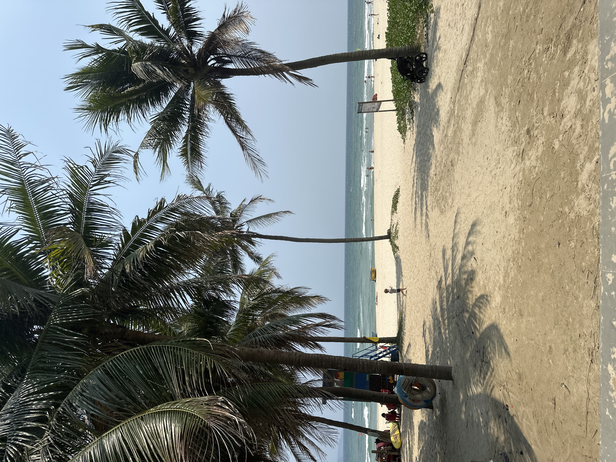 The scene is a beach in Đà Nẵng, Vietnam. Several palm trees frame the left side of the image. The ocean is visible in the midground, with a few people in the water and on the sand. The beach occupies the majority of the right side of the frame. There is a lifeguard stand near the palm trees. Shadows of the palm trees are cast on the sand. Further up the beach, near the vegetation line, there are more people. A stroller and a sign are also visible. The sky is clear and pale blue.
