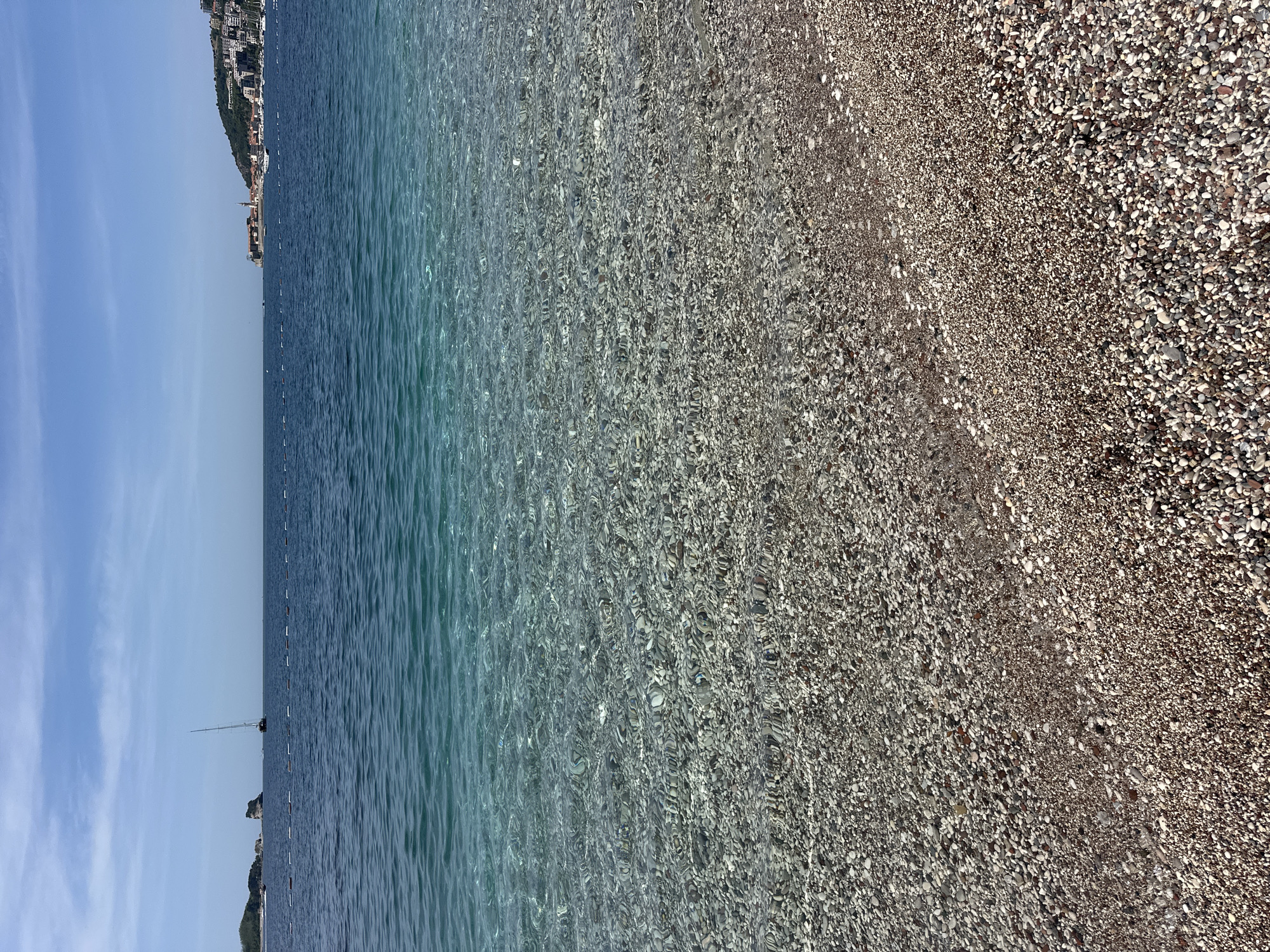 A coastal scene in Budva, Montenegro. The image shows a pebble beach transitioning into clear, turquoise water. The shoreline has small, tightly packed pebbles of various colors. The water is clear enough to see the pebbles submerged just offshore. In the distance, a coastline with buildings is visible under a blue sky with light clouds. A single sailboat is on the water near the coastline. A breakwater line is situated at the shoreline.