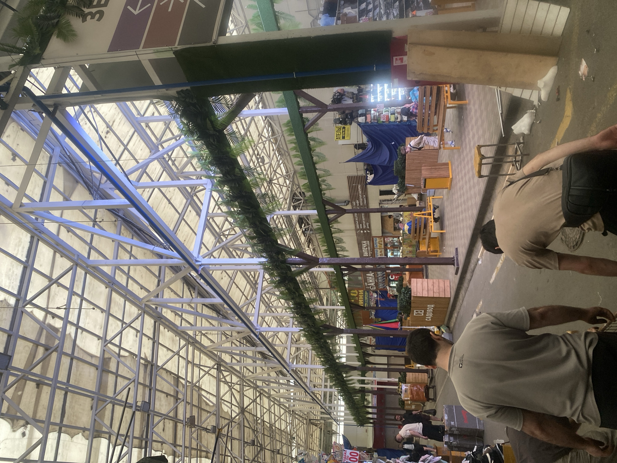 The image depicts an indoor marketplace scene, likely in Moscow, Russia, based on context clues from the signage. In the foreground, two men are walking away from the camera, one wearing a grey t-shirt and the other a tan t-shirt. The environment is a long, covered market hall with a high, white, metal truss ceiling, covered with some sort of translucent material. Green artificial foliage is draped along the upper edges of the market stalls on either side of a central walkway.
The walkway is paved with light-colored interlocking bricks. On the right side of the walkway, there are several wooden benches, some occupied by shoppers, and a yellow trash receptacle. Further back, a stall displays bags and other merchandise. Signs are visible throughout the market, some with Russian text. One sign above a stall reads "САДОВОД" which translates to "Gardener," suggesting a potential location or theme for this section of the market.
On the left side of the walkway, wooden planters and more market stalls are visible. There are various items for sale, including what appear to be clothes and household goods. The overall atmosphere is that of a bustling, somewhat cluttered, and active marketplace.