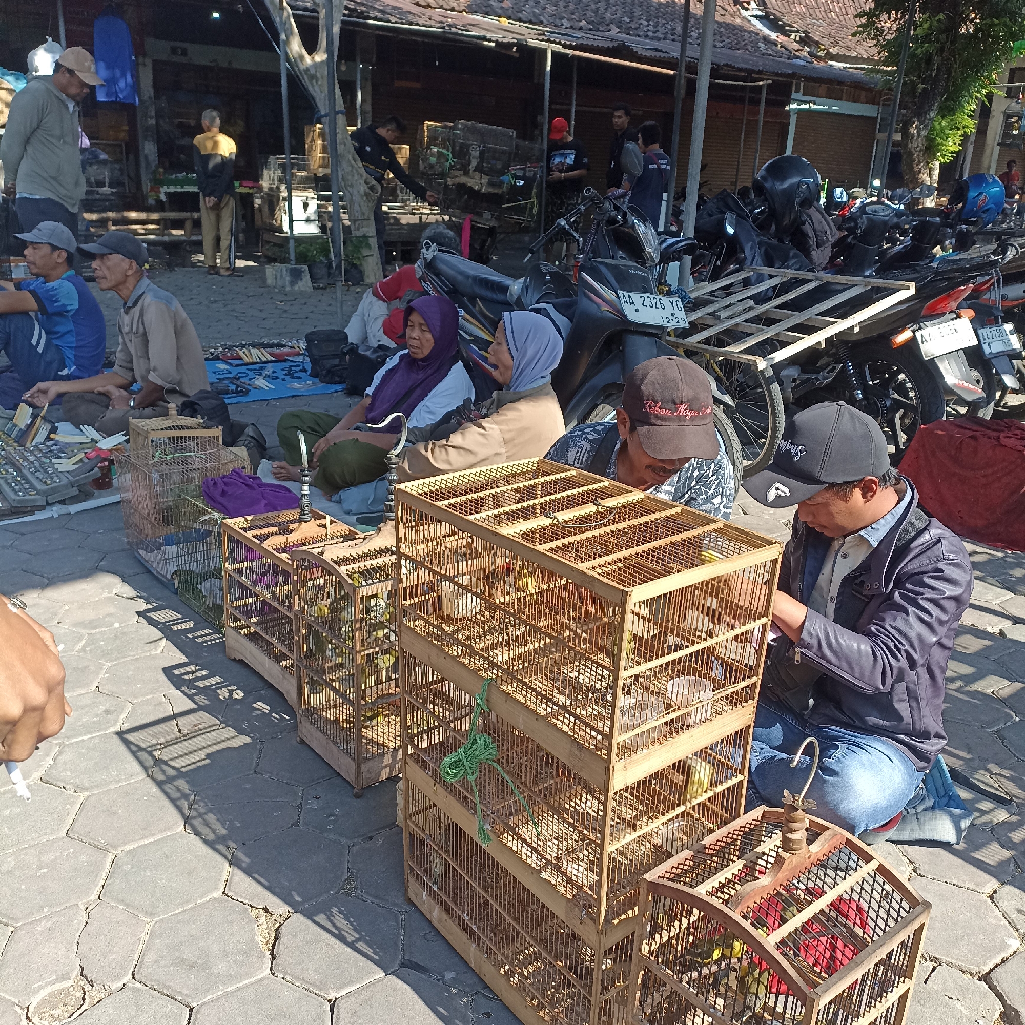The image captures a street scene in Magelang, Indonesia, likely a market or gathering area. In the foreground, several individuals are seated on the ground, engaged in activity around a collection of wooden bird cages. The cages, some stacked and of varying sizes, contain numerous small birds. In front of some of the people are displays of items, possibly for sale, including what appear to be tools, jewelry, or small accessories spread out on blue tarps. One man in a dark jacket and blue jeans is focused on interacting with a bird in a cage. To the right, motorcycles are parked, suggesting a public space with vehicle access. The ground is paved with hexagonal interlocking stones. In the background, stalls or shops with corrugated roofs are visible, and other people can be seen milling about. The overall atmosphere suggests a casual outdoor market or trading event.