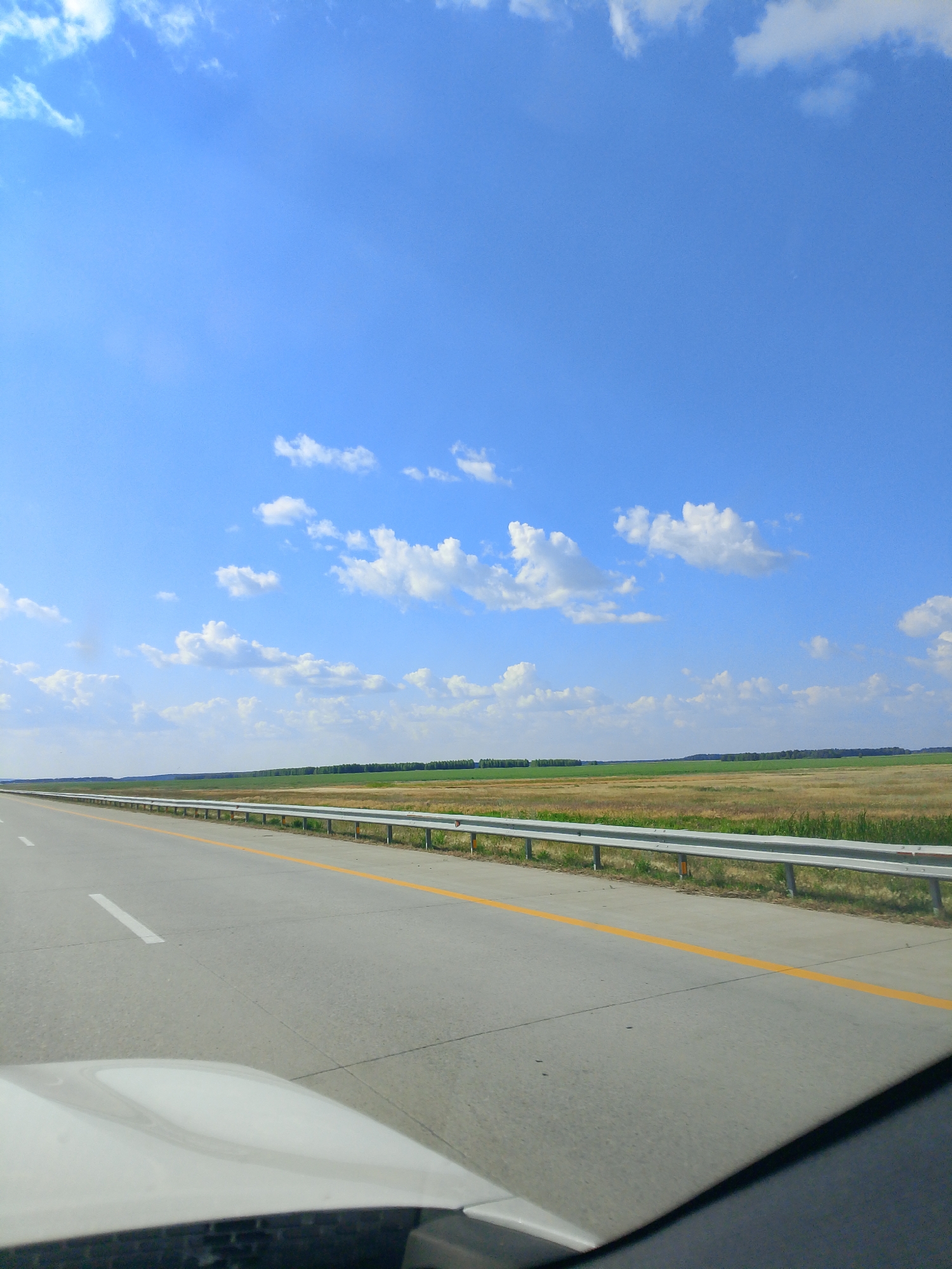 This is a photograph taken from inside a vehicle, looking forward and slightly to the right, while traveling on a highway. The highway is paved and has clear lane markings, including a white line on the left and a solid yellow line to the right of the lane. A metal guardrail runs along the right side of the highway. Beyond the guardrail, there is a flat landscape with fields of dry grass and green vegetation, possibly crops or trees, stretching to the horizon. The sky is a bright blue with scattered white cumulus clouds. The lower part of the image shows the hood of the vehicle, which is white. The scene appears to be in a rural area in Kazakhstan, possibly in the Қараөзек ауылдық округі, given the open landscape and typical highway infrastructure seen in such regions. There are no people or other vehicles visible in the immediate frame.