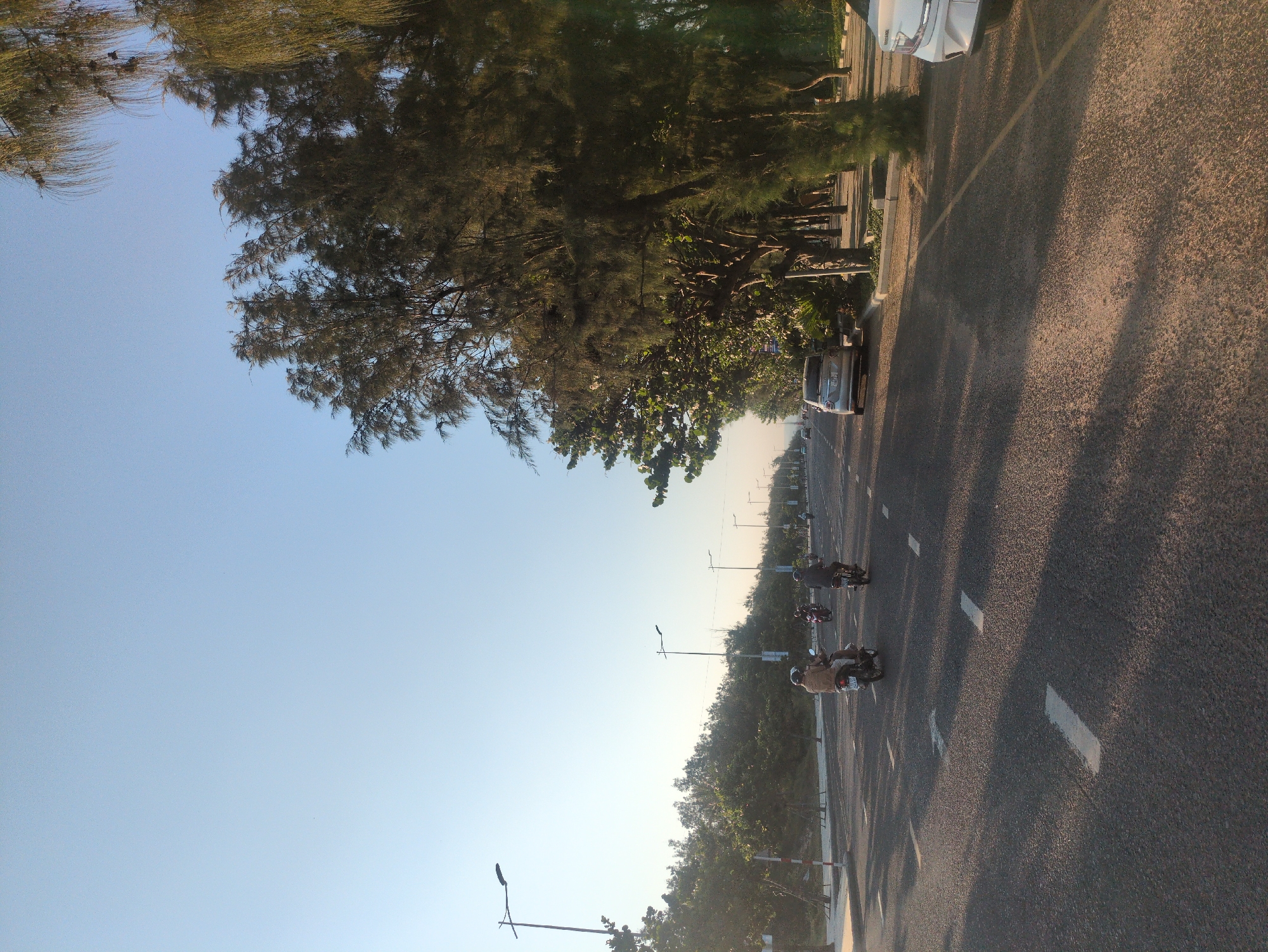 The image shows a road in Tuy Hòa, Vietnam with trees lining one side. Two motorcycles are traveling on the road. A white car is parked on the side of the road. The sky is light blue. The road surface is asphalt. There are white lane markings on the road. Street lights are visible along the road.