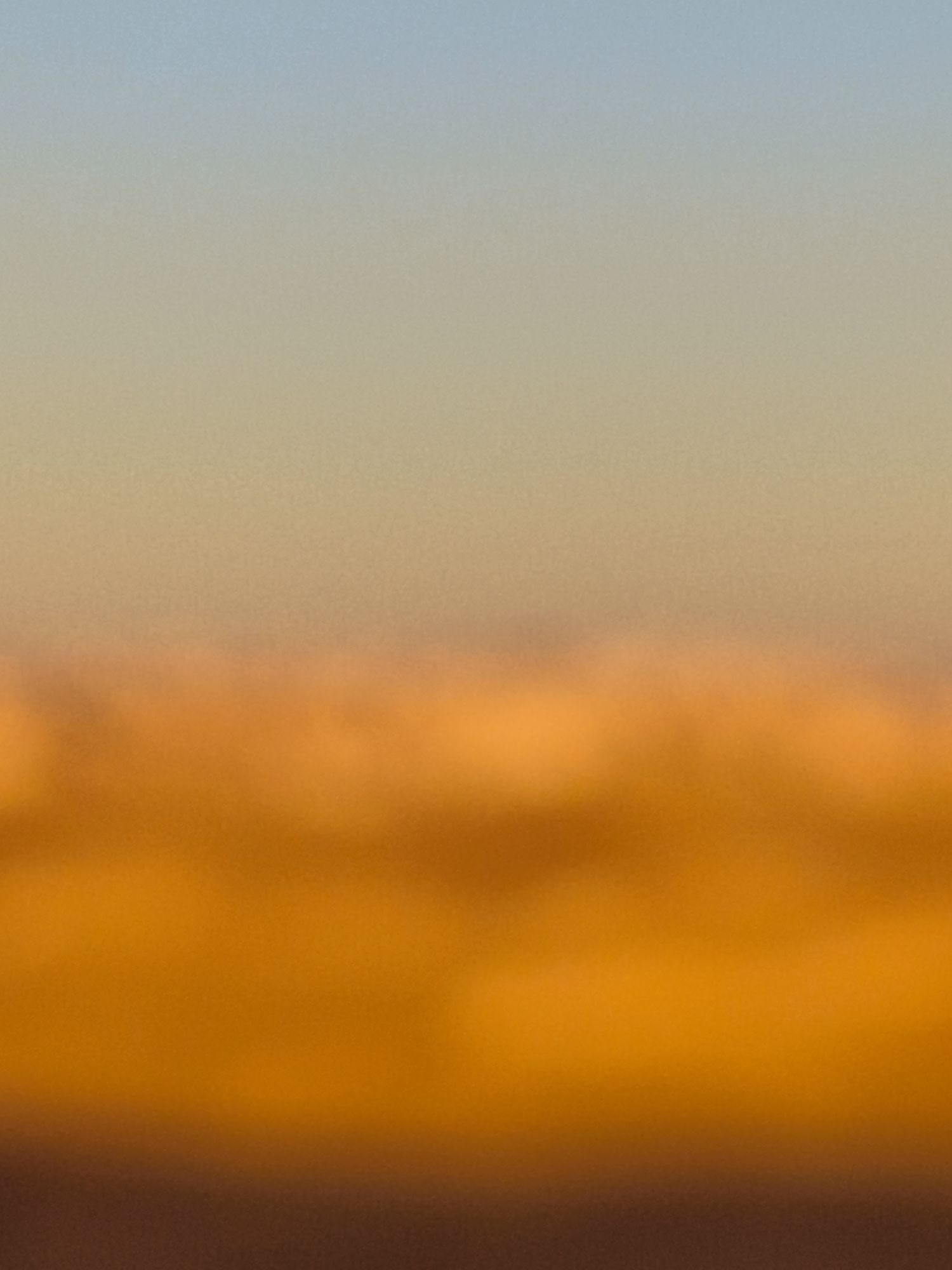The image displays a hazy, abstract depiction of a sky at dusk. The top portion of the image features a gradient transitioning from a pale blue to a muted yellow-orange. Below this, a broad band of vibrant orange, suggestive of clouds or a sunset glow, dominates the middle of the frame. The bottom section is a dark, indistinct blur, possibly representing the ground or a distant landscape. There are no discernible people, subjects, objects, or actions in the image. The overall impression is one of soft, blended colors and a lack of sharp detail, creating an atmospheric and serene, yet anonymous, scene. The location is not discernible from the visual information provided.