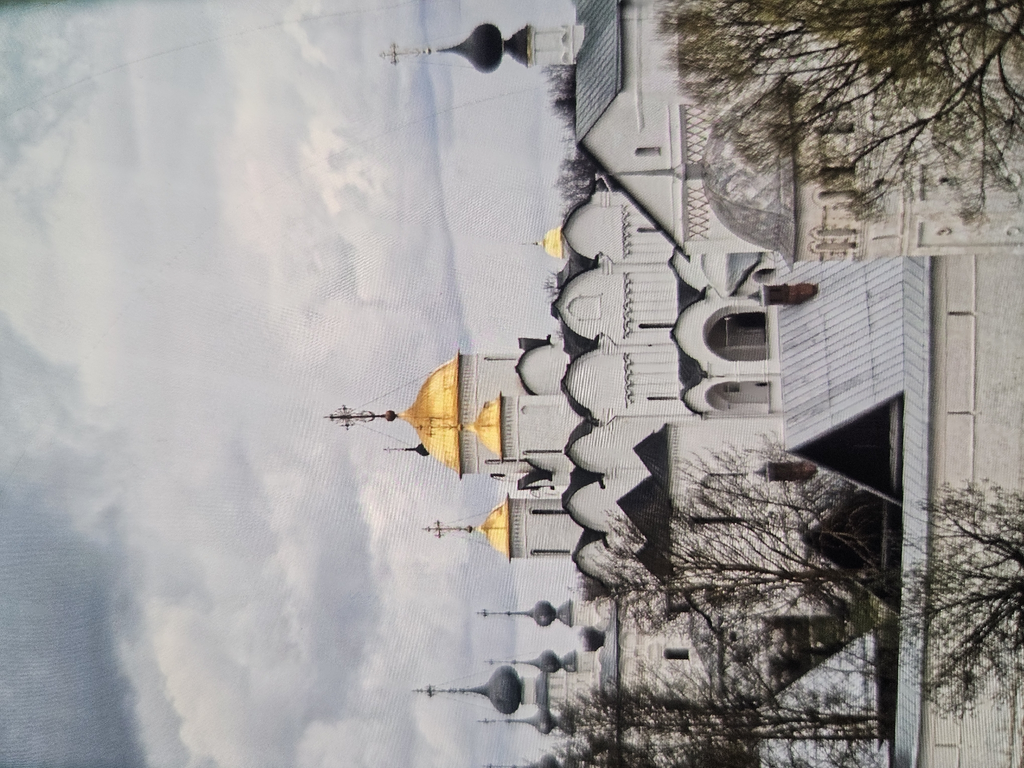 The image shows a panoramic view of the Suzdal Kremlin in Vladimir Oblast, Russia. The complex features several white stone churches with golden and dark grey domes, characteristic of Russian Orthodox architecture. The main church, with its prominent golden domes, is centrally located. Surrounding it are smaller churches and bell towers, some with pointed, onion-shaped roofs. The architecture exhibits intricate detailing, with arched windows and decorative cornices. Bare trees with thin branches are visible in the foreground, suggesting a late autumn or early spring season. The sky is overcast with dramatic, grey clouds, creating a somber atmosphere. The overall impression is of a historic religious site, showcasing traditional Russian architectural styles.