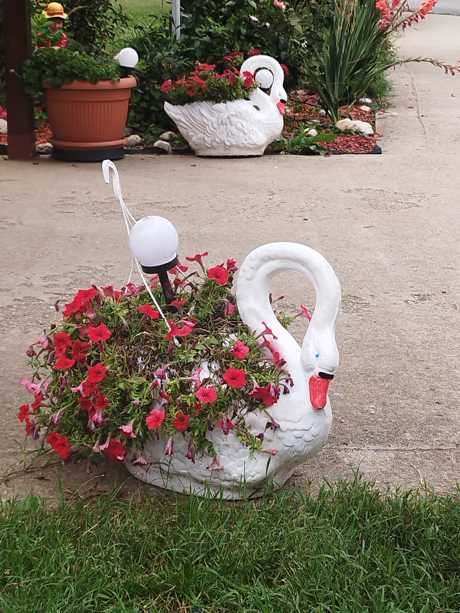 The image depicts a garden pathway adorned with decorative swan planters filled with red flowers. In the foreground, a white swan planter is overflowing with vibrant red petunias. A small solar-powered light is attached to a thin pole extending from the planter. In the background, another white swan planter, also filled with red flowers, is visible, situated near a large terra cotta pot holding green foliage. To the left of the terra cotta pot, a small garden gnome-like figure wearing a yellow hat and green shirt is partially visible. The pathway is paved with concrete, and lush green grass borders the scene. The location appears to be a residential garden or a park in Bucharest, Romania.