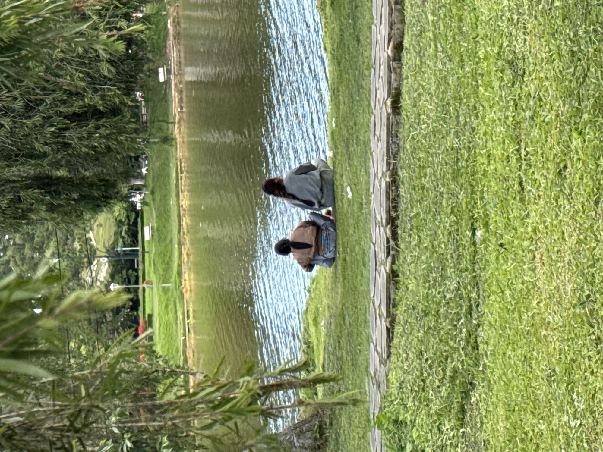 The image shows two individuals seated on the grassy bank of a body of water. The person closer to the viewer is wearing a brown jacket with blue and beige accents, and a dark backpack. The other person, further away, is wearing a light-colored hooded jacket and dark pants. They are both facing the water, appearing to be engaged in a quiet moment by the lake.
The setting is a park-like environment with a paved walkway made of interlocking grey stones bordering the grassy area. Lush green grass covers the ground, and trees with dense foliage are visible in the background, to the left of the frame. The water's surface is rippled, suggesting a gentle breeze. The lighting indicates it is daytime, possibly late afternoon given the soft illumination. The scene conveys a sense of tranquility and relaxation. No text is visible in the image. The location is identified as Xuân Hương Ward, Đà Lạt, Vietnam.