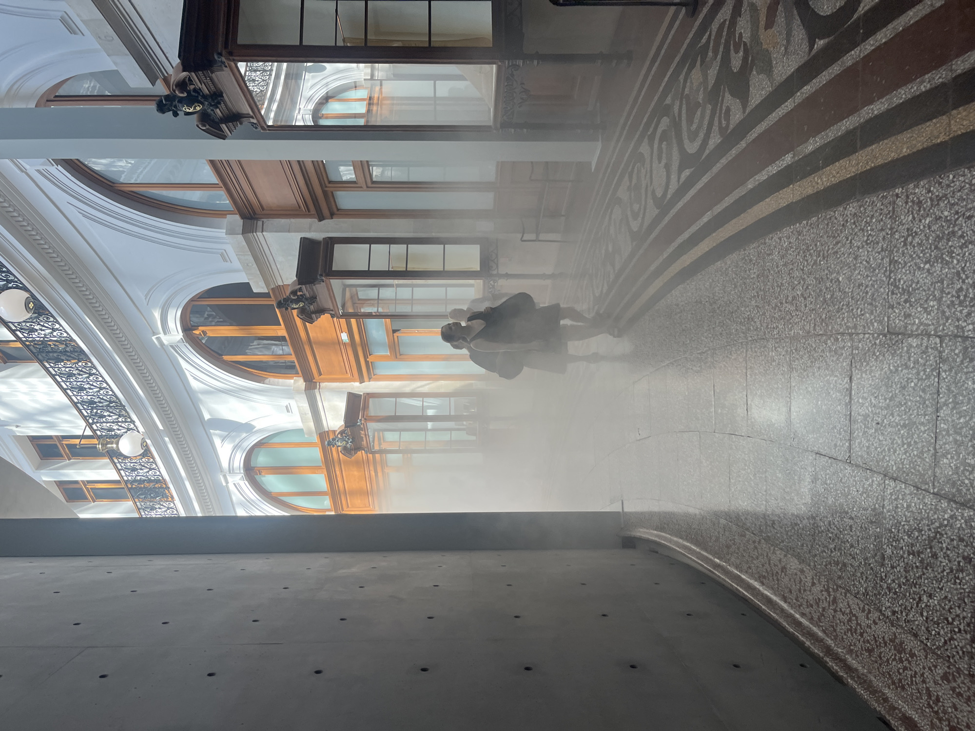 The image depicts an interior courtyard with a curved walkway and a semi-circular colonnade. The architecture suggests a grand, historical building, possibly a museum or a covered passage. Sunlight streams in from above, creating dappled patterns on the floor and illuminating a light mist that pervades the space.
In the foreground, a person wearing dark clothing, possibly a coat, is walking away from the camera. Their face is obscured by the mist and their posture. Further into the courtyard, another figure is visible, also obscured by the mist. They appear to be walking in the same direction.
The walkway is paved with terrazzo tiles in two distinct patterns. The area on the left features smaller, speckled grey and brown tiles, while the right side has a more decorative pattern with larger inlaid motifs. The colonnade is adorned with wooden paneling, large arched windows with wooden frames, and intricate decorative elements above the windows. A wrought-iron railing runs along the upper level of the colonnade. Ornate lampposts are visible on the upper level.
The mist, an artistic element or possibly a dehumidification system, creates an ethereal atmosphere, softening the edges of objects and figures and adding a sense of depth and mystery to the scene. The lighting, a mix of natural sunlight and interior illumination from the lamps, highlights the textures and architectural details of the space.
While the exact location in Paris is not specified, the architectural style, particularly the grandeur of the covered passage and the decorative elements, is reminiscent of Parisian arcades like the Passage des Panoramas or the Galerie Vivienne, or perhaps a museum setting with similar historical architecture. The presence of mist suggests it might be an art installation or a specially curated environment within such a location.
