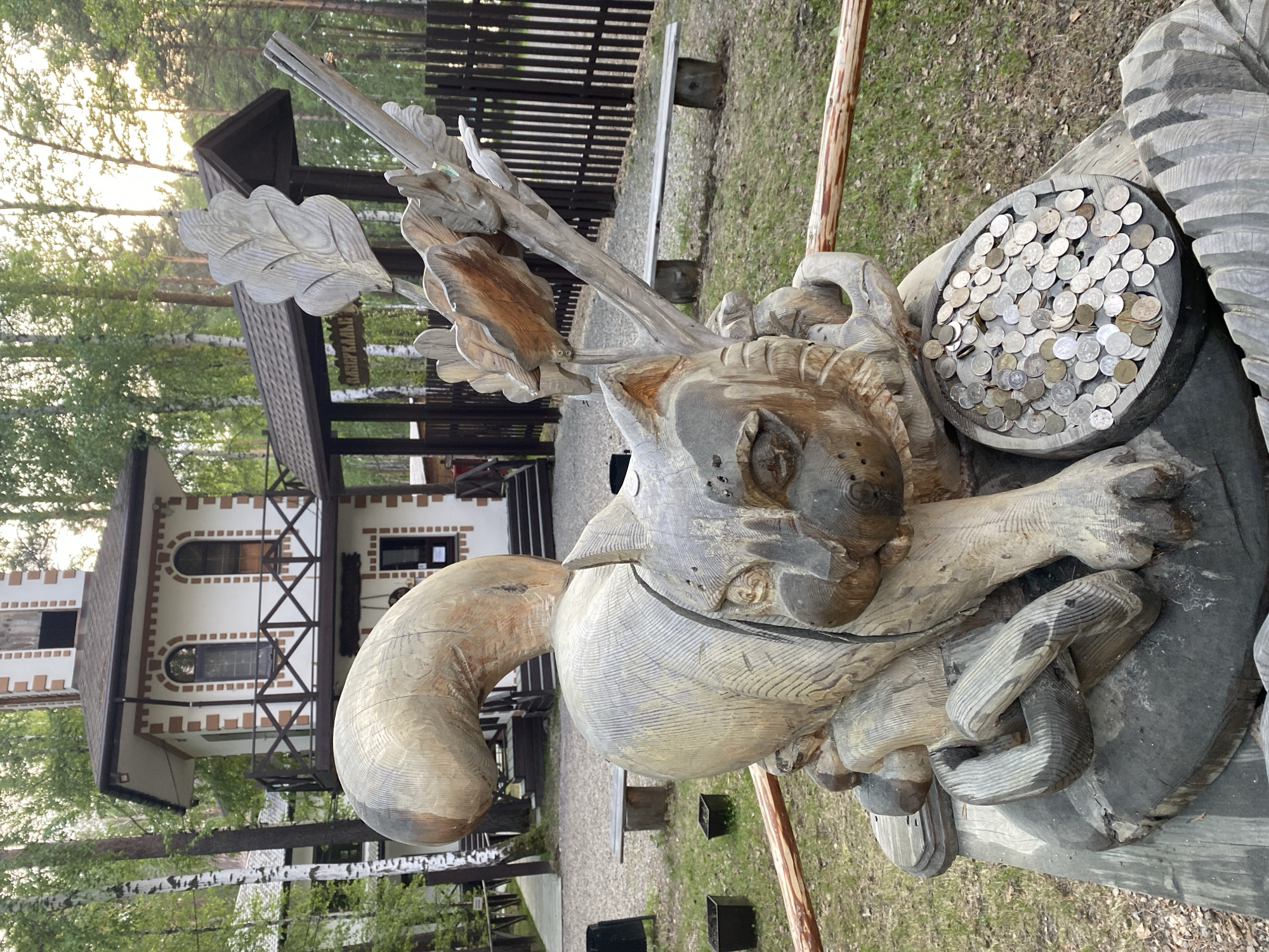 This is a full, eye-level, outdoor photograph taken in the city of Tal'tsy, Russia, featuring a large, carved wooden sculpture of a squirrel in the foreground. The squirrel sculpture is weathered and detailed, with a prominent tail arching over its back, and it is positioned on a wooden base that appears to be part of the same art installation. The squirrel's paws are positioned around a shallow wooden bowl filled with numerous coins, suggesting it might be a donation point or a wishing well.
Behind the sculpture, a rustic, two-story building with a peaked roof and white walls with brown trim is visible. This building has a balcony with wooden railings and arched windows. Adjacent to this building is a covered entryway or pavilion with a sign that is partially legible, but the word "АЗЕРБАЙДЖАН" (Azerbaijan) is discernible. The environment surrounding the sculpture and buildings consists of green grass, scattered fallen leaves, and several birch and pine trees, indicating a forested or park-like setting. Wooden benches and dark trash receptacles are also present in the background, along with a dark wooden fence. The lighting suggests it is daytime, possibly late afternoon or early evening, with some soft light filtering through the trees. No people are visible in the photograph.