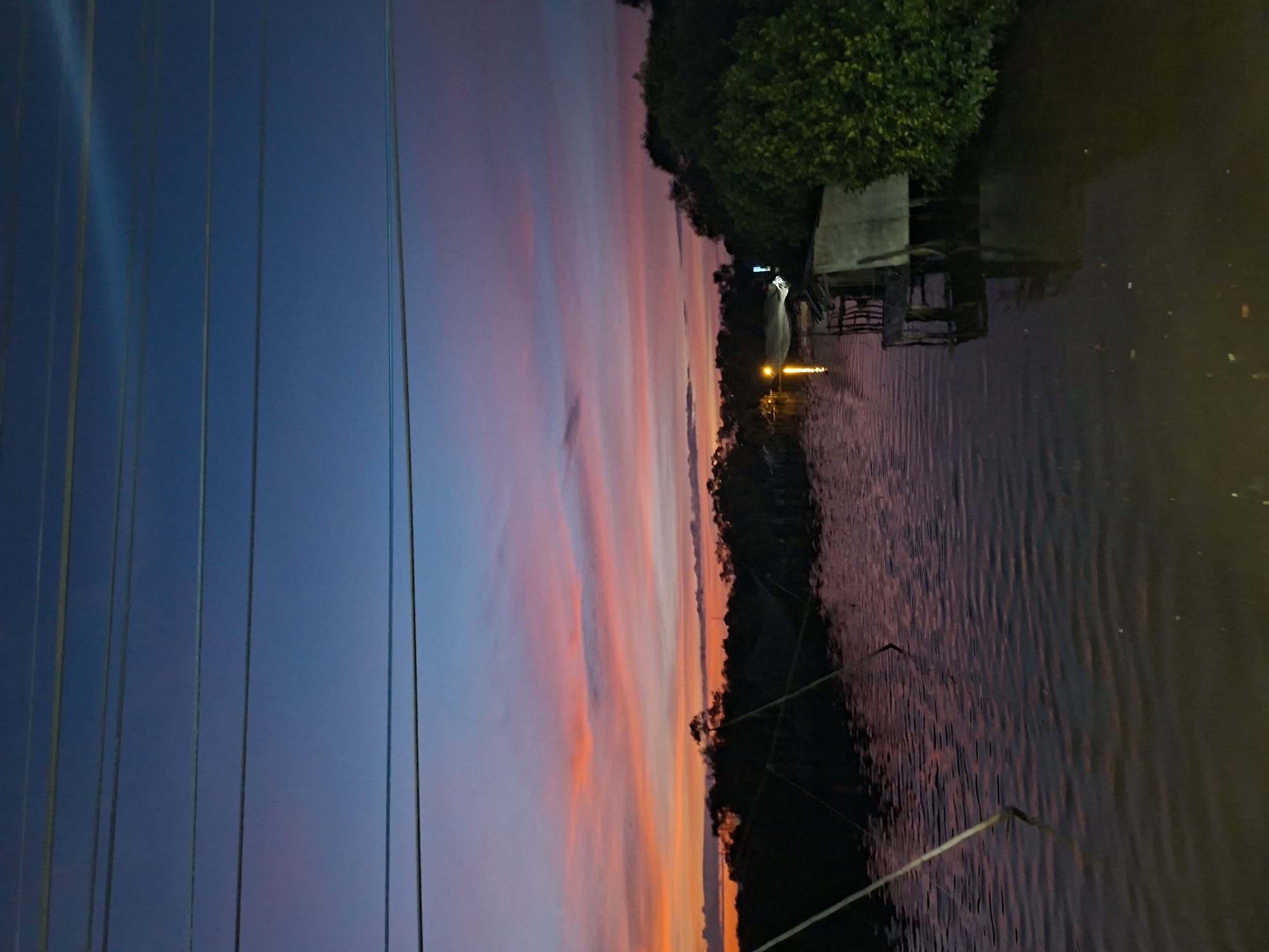 This image captures a twilight scene along a waterway in Lhokseumawe, Indonesia. The sky displays a gradient of colors, transitioning from a deep blue at the top to vibrant orange and pink hues near the horizon, suggesting either sunrise or sunset. Several power lines stretch horizontally across the upper portion of the frame.
The waterway occupies the lower half of the image, reflecting the colorful sky and dark silhouettes of the surrounding environment. The water appears murky and calm, with subtle ripples disturbing its surface. On the left side of the waterway, dark foliage and what appear to be fishing nets or poles are visible, partially submerged in the water.
To the right, a rustic wooden structure, possibly a small house or fishing hut, is built on stilts over the water. Its weathered wood and simple construction are discernible, and a faint light emanates from a lamp near the structure. Dense green foliage borders the right bank of the waterway, contrasting with the darker trees on the left. A single lamp post is also visible further down the waterway on the right bank, casting a reflection on the water's surface. The overall atmosphere is tranquil and serene, characteristic of a rural or semi-rural setting in Lhokseumawe during the twilight hours.