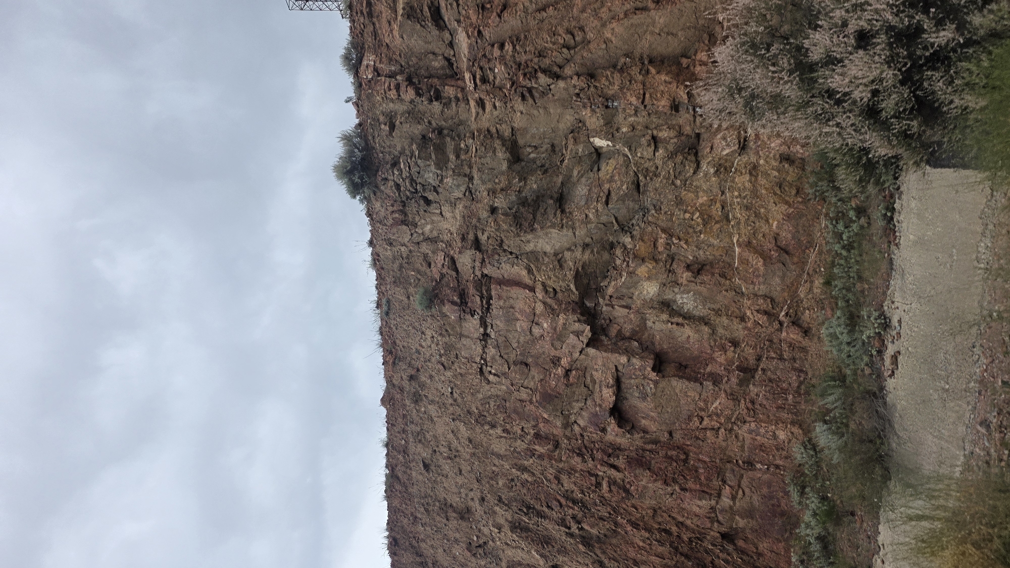 The image shows a geological cliff face in Semiz Bel, Kyrgyzstan. The cliff is composed of reddish-brown rock with visible fractures and strata. Sparse, low-lying green vegetation, including bushes and grasses, grows at the base of the cliff and on its upper edge. The sky above is overcast with gray clouds. In the far right background, a portion of a metal tower structure is visible. The foreground includes a light-colored, rough-textured ground surface. The scene is devoid of any people or human activity.