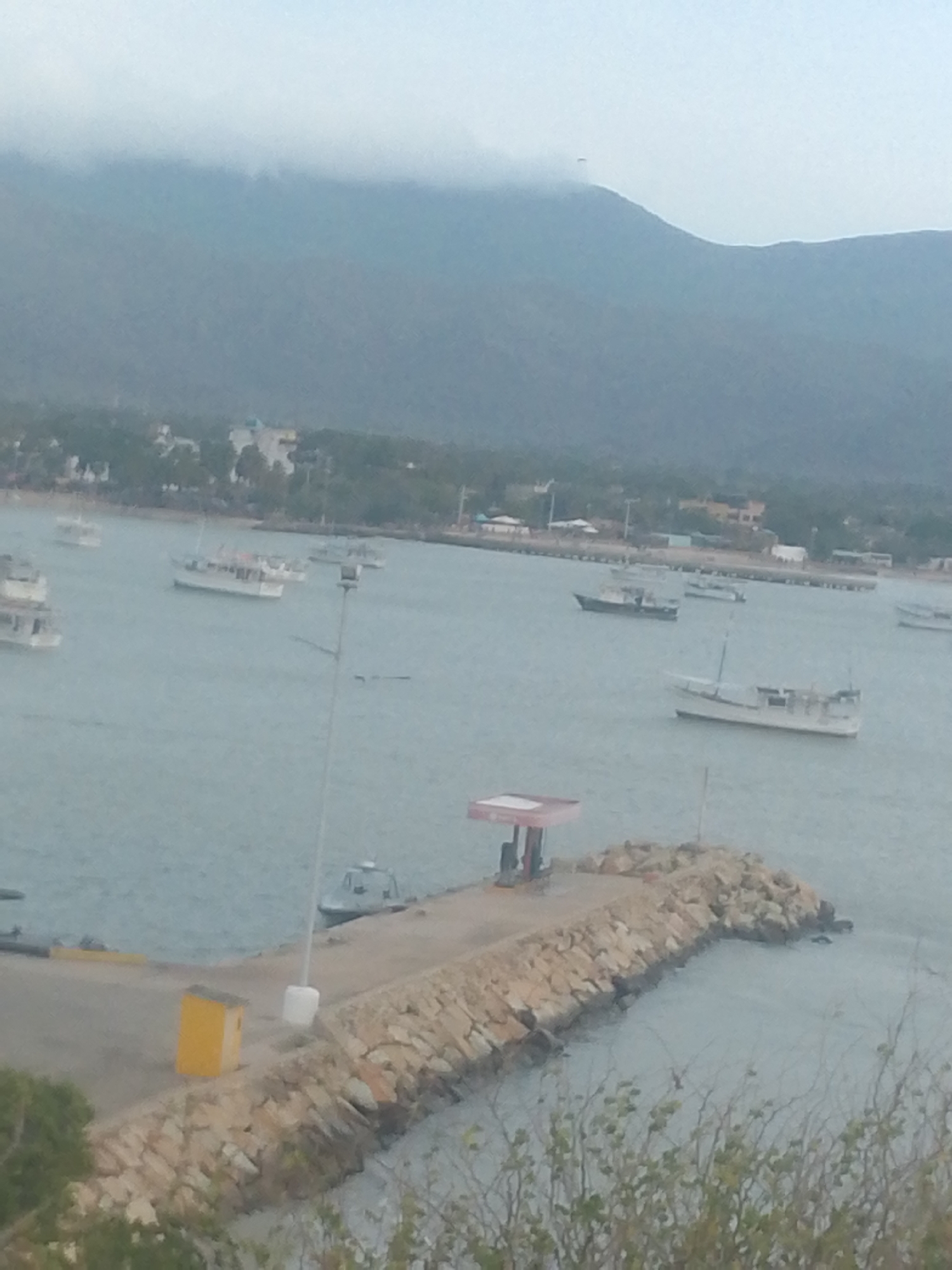 The scene depicts a coastal view in Juan Griego, Venezuela. A stone pier extends into a body of water, with a small red-roofed structure on it. Several boats are anchored in the bay, and a town is visible along the shoreline in the background. A large, cloud-shrouded mountain forms the backdrop.