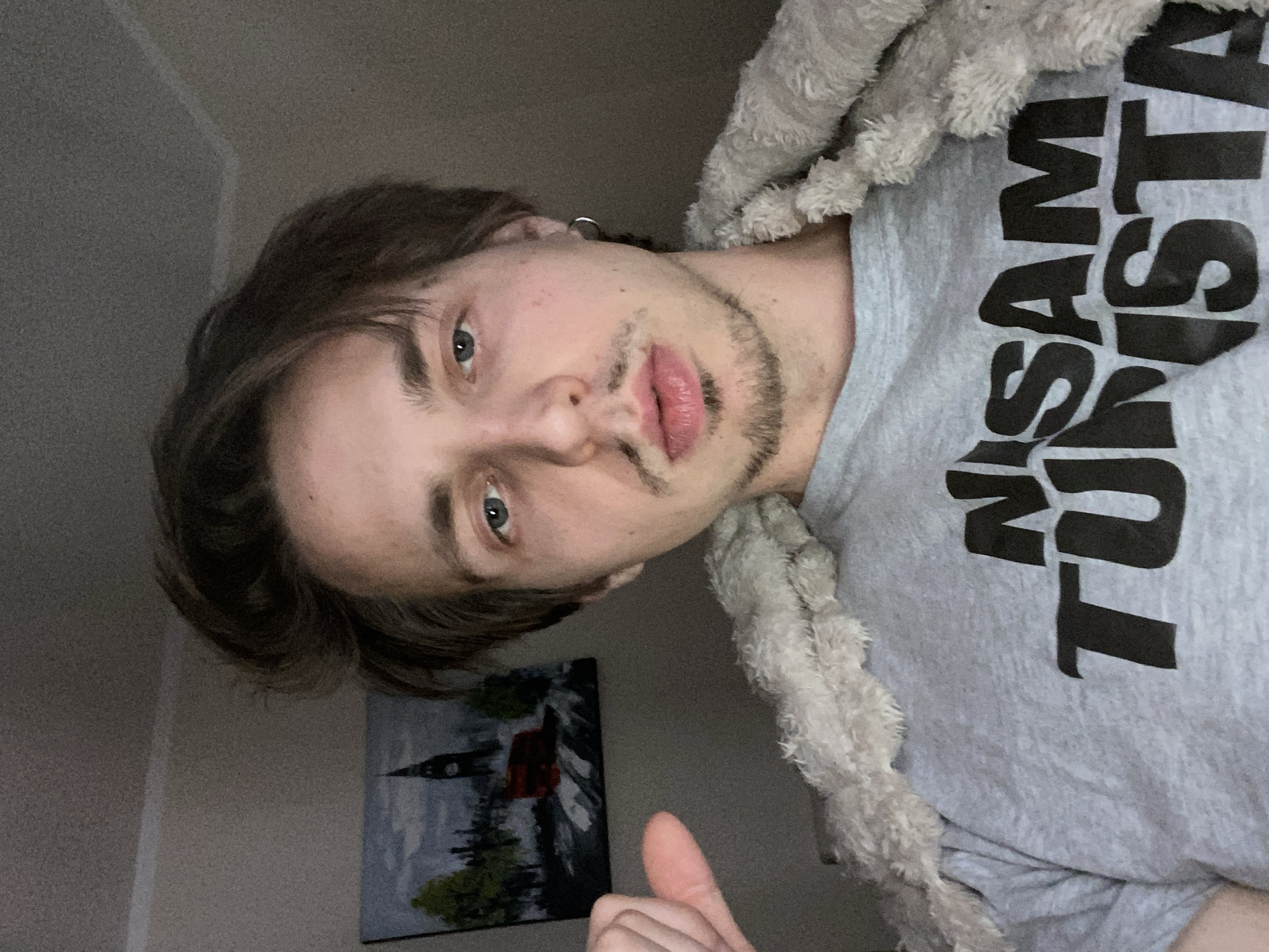 A young man is depicted in a portrait-style image. He has light skin, brown hair, light blue eyes, and some facial hair. He is wearing a grey t-shirt with bold black lettering, the text of which is partially obscured. He has a light-colored, possibly furry material draped over his shoulder. A thumb points up into the image from the bottom edge. A picture hanging on the wall behind him shows a blurry image of a European city, with what appears to be London's Big Ben tower. The location of the image is undetermined, and there is no indication of Šušanj, Montenegro.