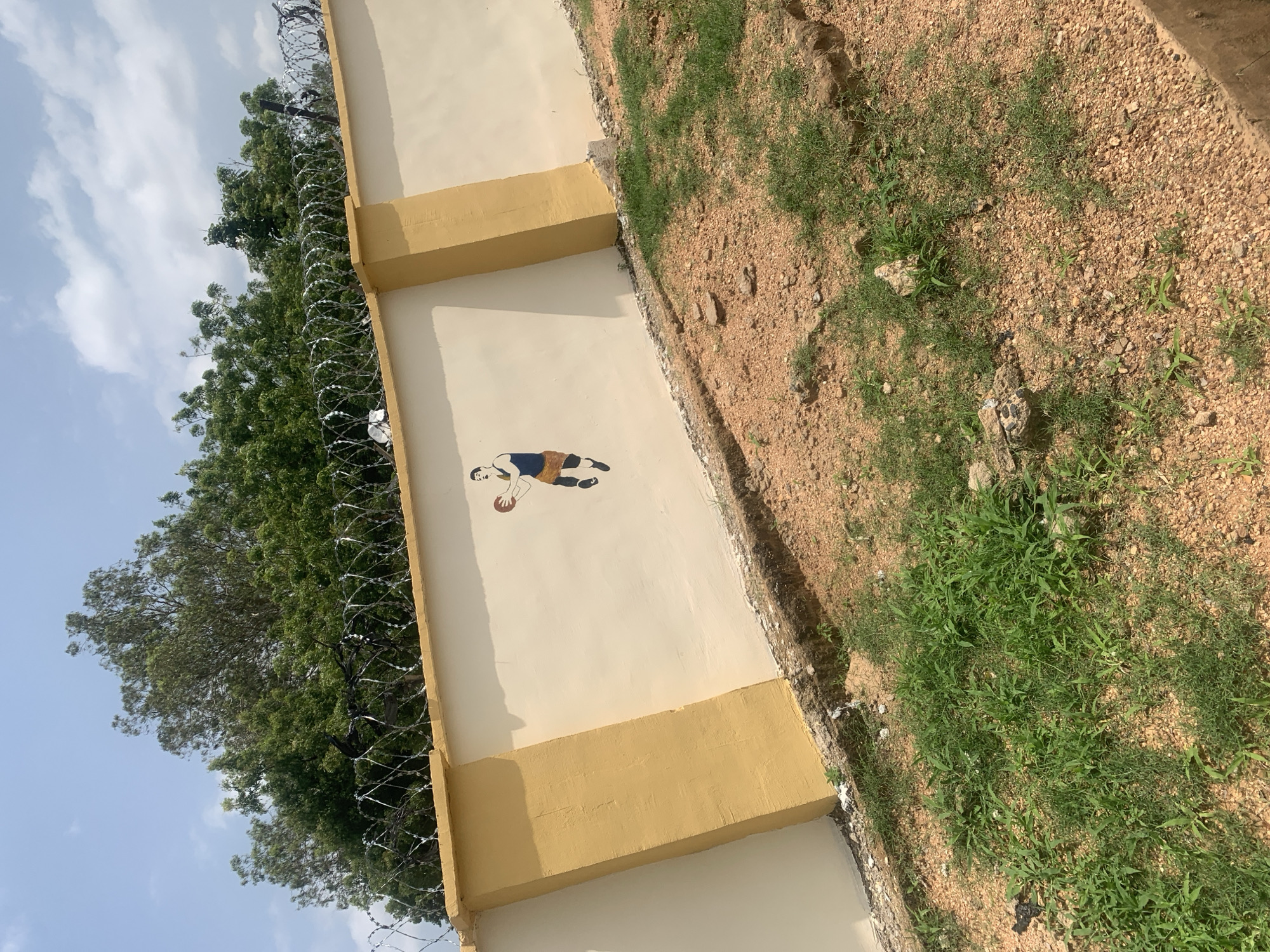 A mural of a person playing basketball is painted on a cream-colored wall with yellow pillars, located in Jalingo, Nigeria. The wall is topped with barbed wire, suggesting a security perimeter. The surrounding environment consists of dry, reddish-brown earth with sparse green grass and vegetation. In the background, lush green trees form a dense canopy under a bright, partly cloudy sky. The scene appears to be an outdoor public space.