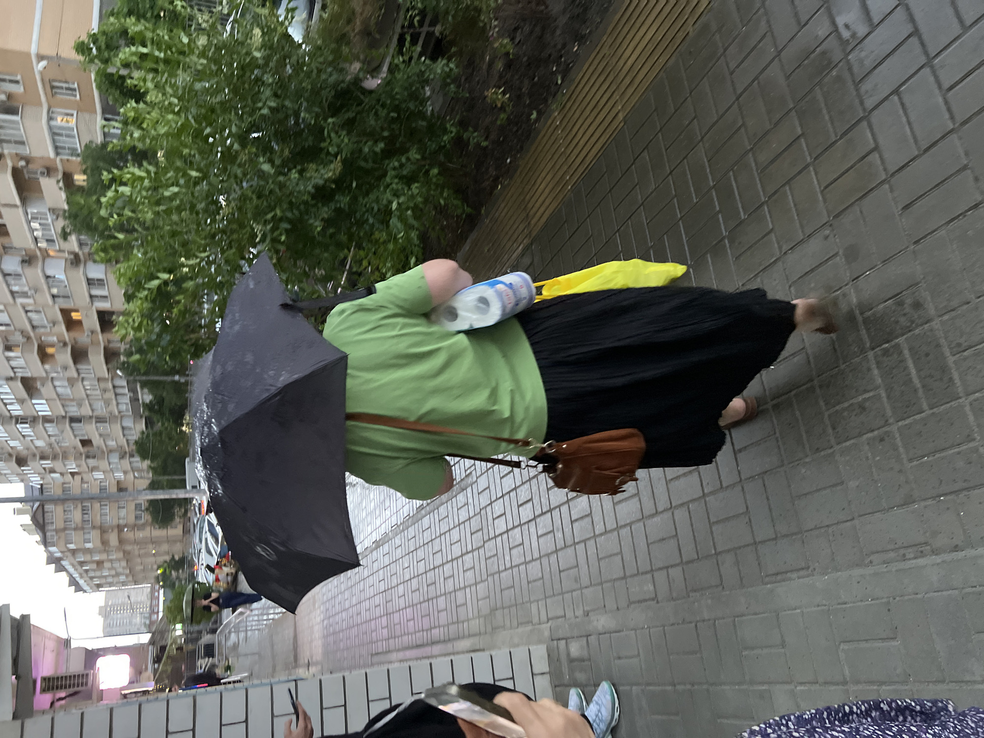 A person walks away from the camera under a black umbrella on a wet, brick-paved sidewalk in front of buildings. The person wears a light green t-shirt, a black skirt, and a brown shoulder bag. They are also carrying a roll of toilet paper and a yellow plastic bag. The sidewalk is next to a street with parked cars and a lush green tree. The background shows apartment buildings. The scene appears to be in a city, potentially Krasnodar, Russia, given the architectural style and vegetation. The lighting suggests it is either early morning or late evening.