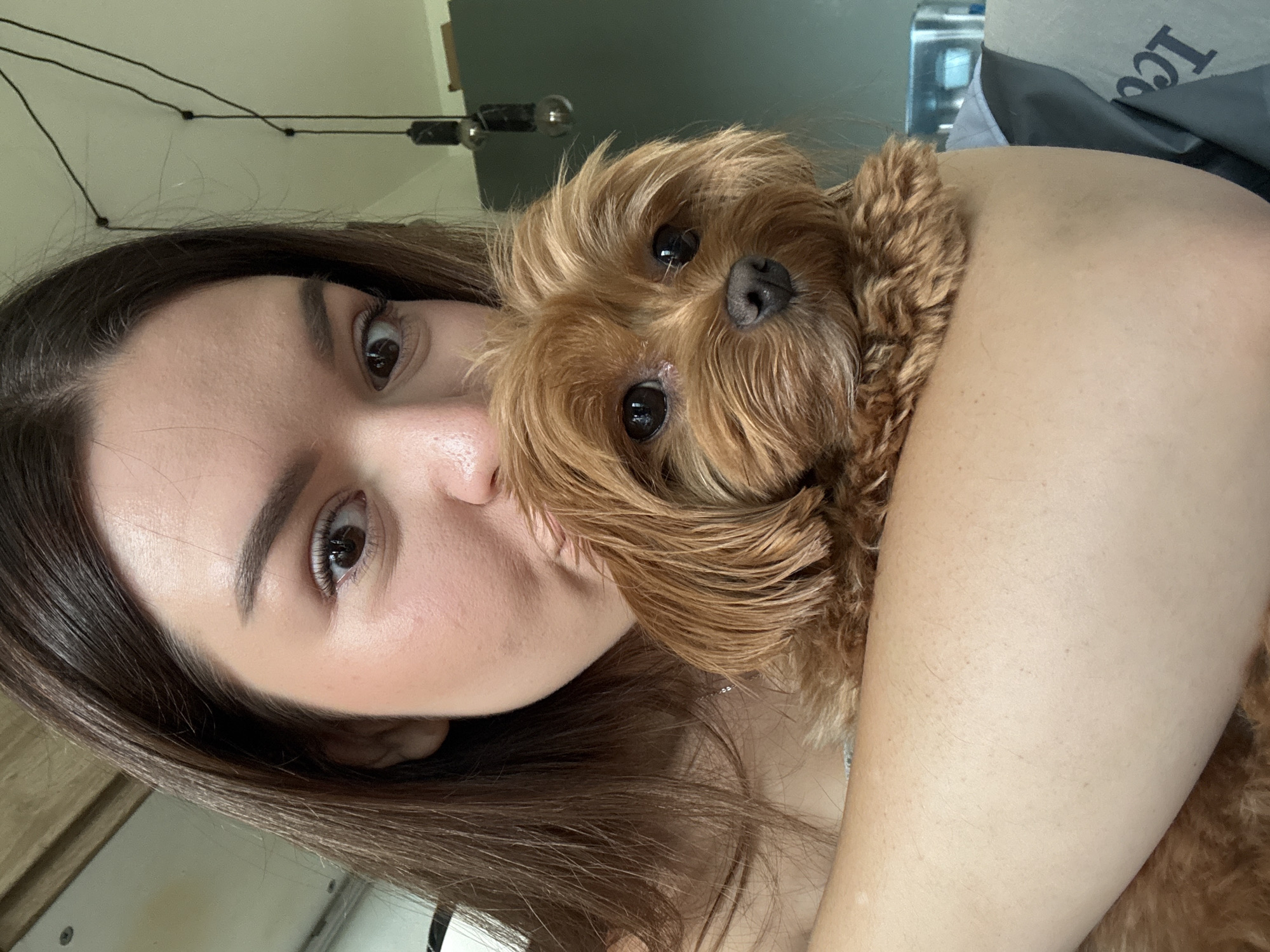 A young woman with long, dark brown hair is holding a small, fluffy, reddish-brown dog. The woman is leaning in towards the dog, her cheek resting on its head, and appears to be kissing or nuzzling it. The dog is looking towards the camera with its dark eyes. They are indoors, with a light-colored wall and ceiling visible in the background. There are two black pendant lights hanging from the ceiling, and a dark green wall with a shelf or cabinet can be seen to the right. The woman's arm is wrapped around the dog.