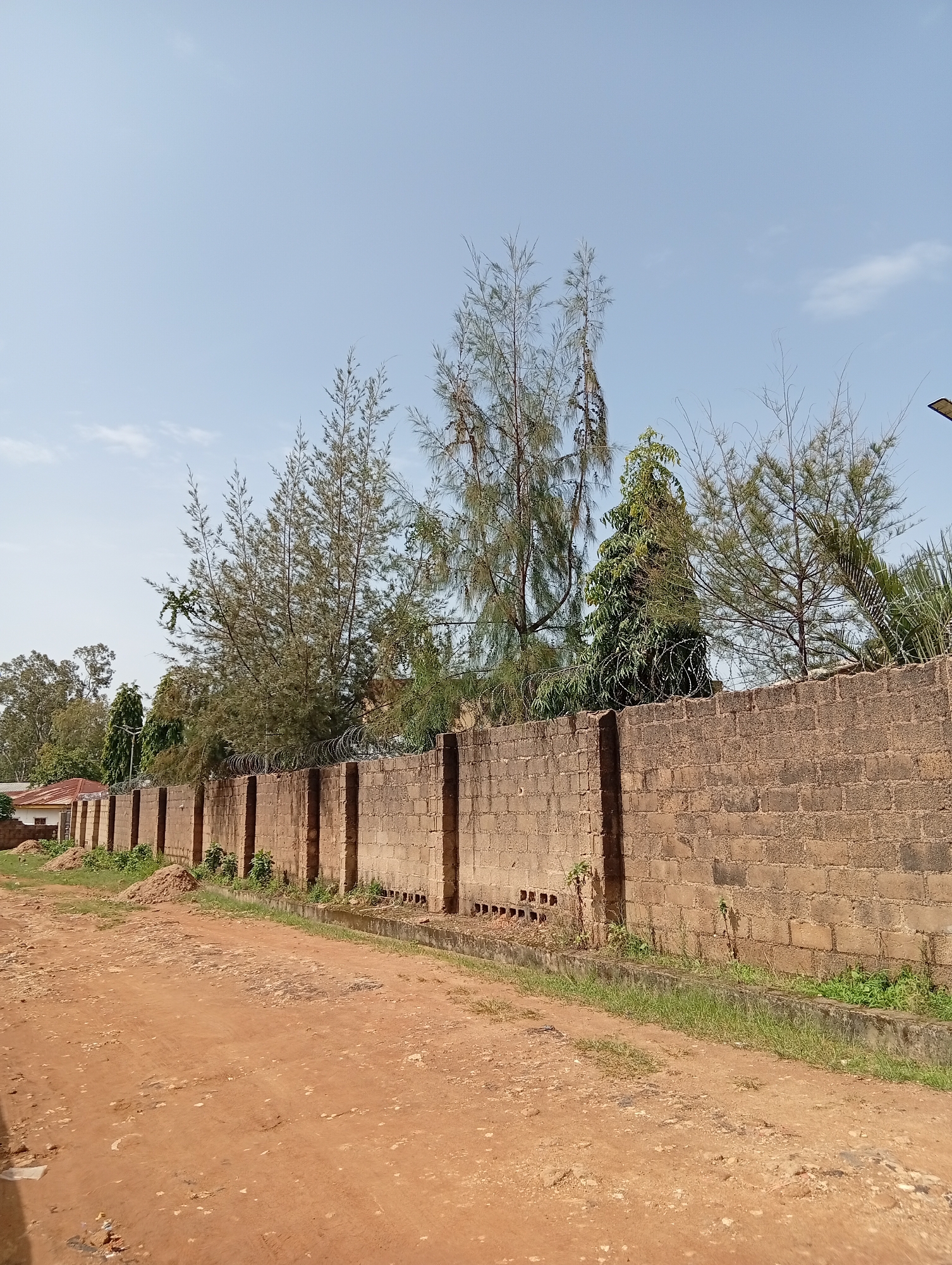 The image depicts a dry, dusty roadside in Jos, Nigeria. A weathered brick wall, topped with barbed wire, runs along the right side of the frame, separating the road from a grassy area and trees beyond. The wall appears to be part of a property boundary. In the distance, a building with a red roof is visible. The sky is clear and blue with a few wispy clouds. The overall scene suggests a warm, possibly arid climate typical of some areas in Jos. There are no people or discernible actions taking place in the image.