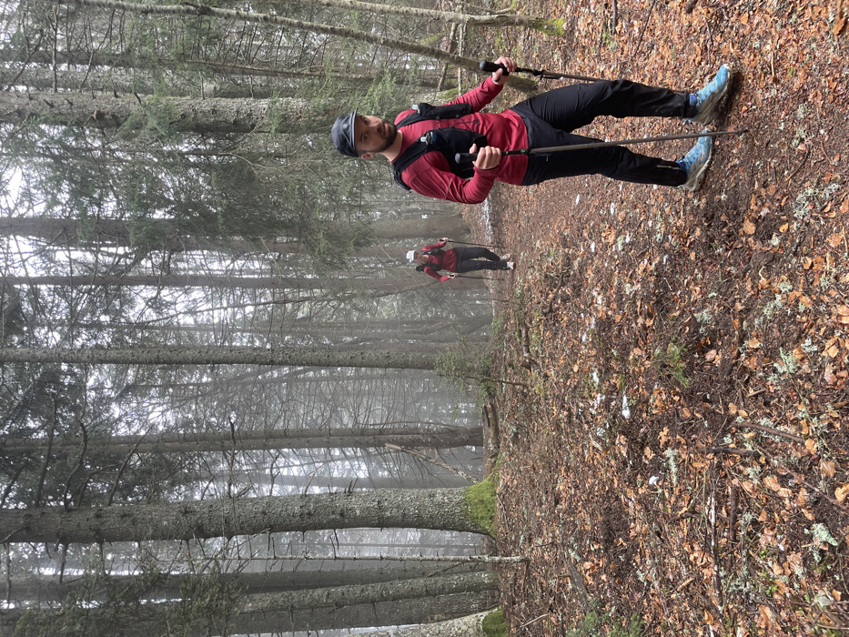 Two individuals are depicted on a forest trail under foggy conditions, likely near Sallanches, France. In the foreground, a male subject stands on the right side of a narrow dirt path, facing the camera. He wears a black baseball cap, a red long-sleeved athletic shirt, a black hydration vest with two visible water bottles, black athletic pants, and light blue-grey trail running shoes. He holds a black trekking pole in each hand. His facial features include a short, dark beard. Approximately ten meters behind him and to his left, a second individual, a female, walks uphill on the same path, facing away from the camera but with her head turned slightly to her right. She wears a light-colored cap, a red long-sleeved athletic shirt, dark pants, a dark small backpack or hydration vest, and light-colored shoes, also using two dark trekking poles. The environment consists of a dense coniferous forest with tall, slender trees, many of which are obscured by thick mist or fog in the background, limiting visibility. The forest floor is extensively covered with brown and orange leaf litter, interspersed with scattered small patches of snow and areas of green moss or lichen. The trail itself is a clear, worn dirt path winding through the natural terrain.