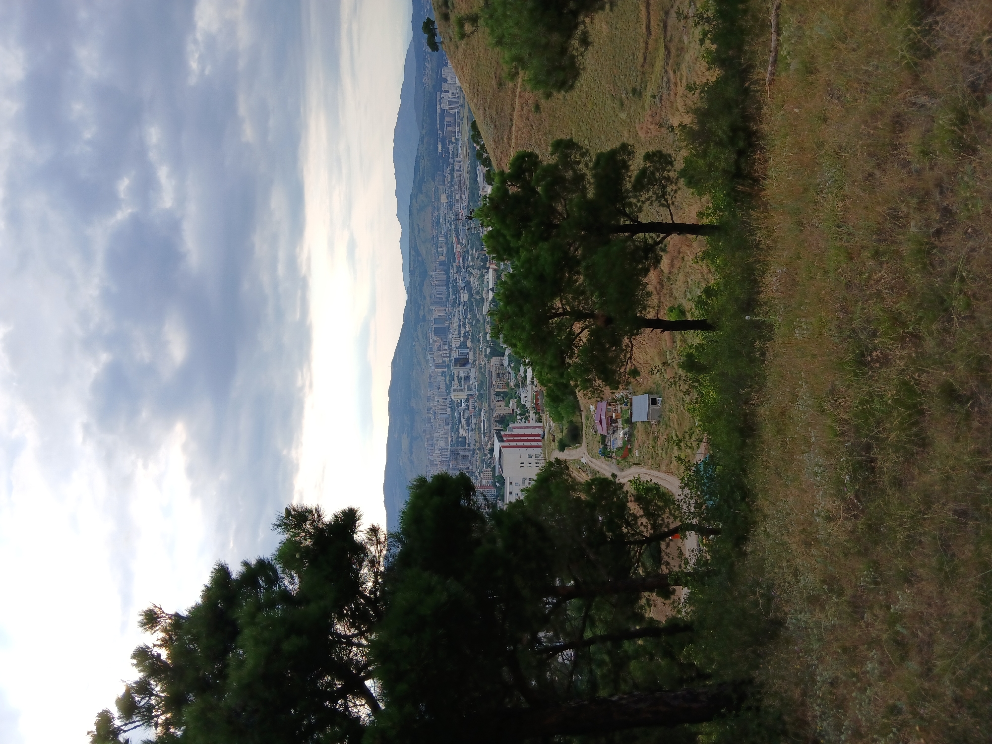 The image shows a panoramic view of Tbilisi, Georgia, from a hilltop. In the foreground, there are trees and dry grass. The middle ground reveals a town with houses and a prominent red and white building, with a winding dirt road leading to it. The background is filled with a dense cityscape with numerous buildings and distant hills under a cloudy sky. The scene appears to be an outdoor view, possibly from a park or a viewpoint overlooking the city. There are no people visible in the image.