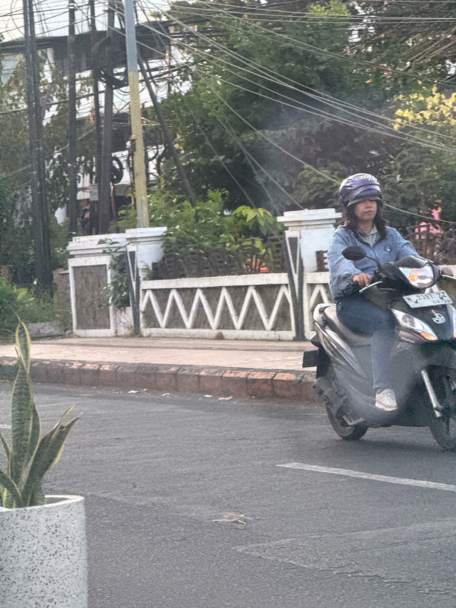 The image depicts a street scene in Surabaya, Indonesia. A person is riding a scooter, wearing a blue denim jacket, blue jeans, and a purple helmet. The scooter has a license plate that reads "H 2397 ZZ" and "02-26". In the background, there are trees, power lines, and a white fence with a zigzag pattern. A potted plant with long, green leaves is visible in the foreground to the left. The road appears to be asphalt with a white line marking a lane. The lighting suggests it might be late afternoon or early morning.