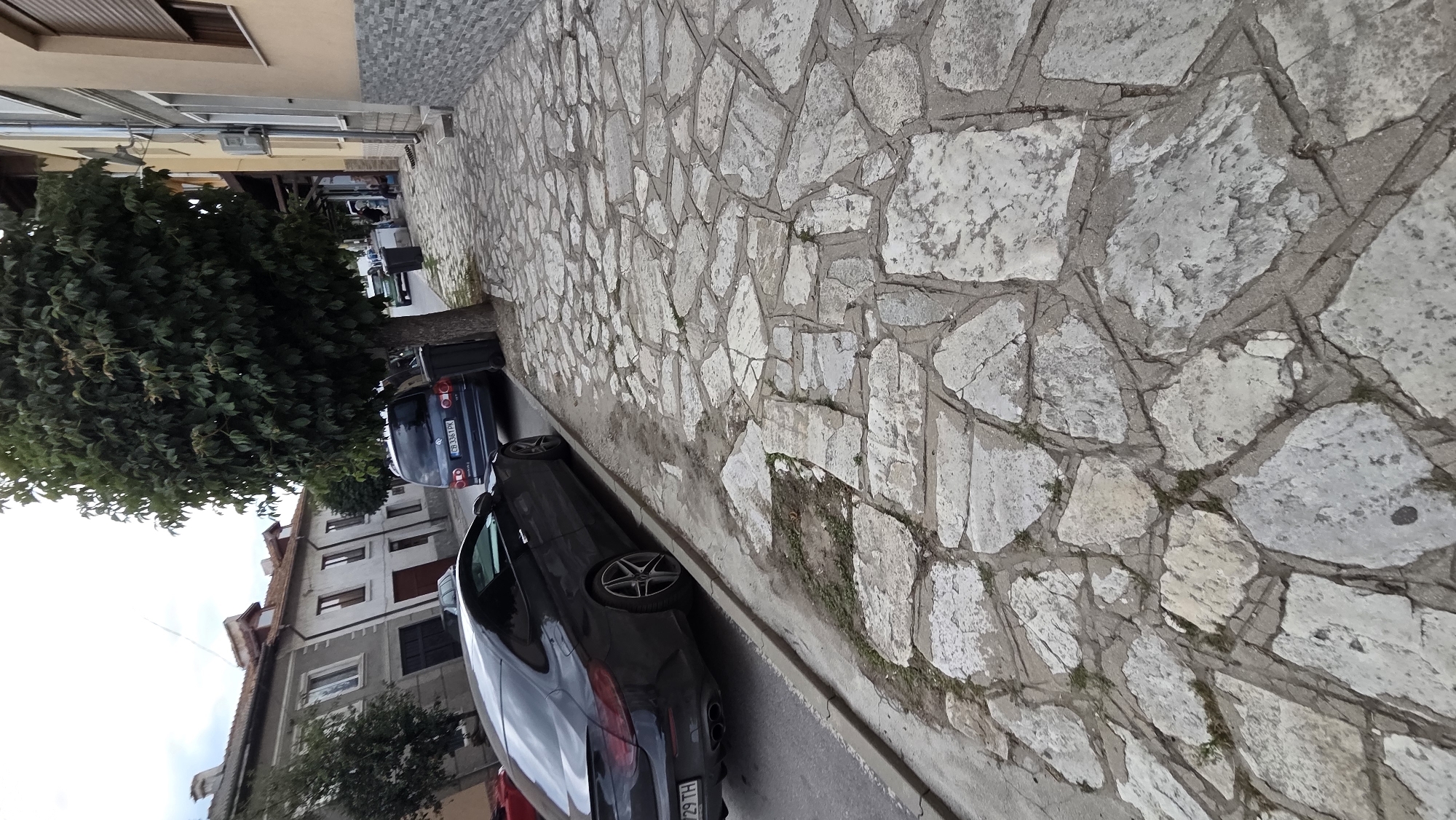 This image shows a street in the city of Bania, Bulgaria. The foreground is dominated by a paved sidewalk made of irregular, light-colored stones. A dark-colored Mercedes-Benz coupe is parked along the curb on the left side of the image. To the right of the sidewalk, there is a row of buildings. One building has a light-colored facade with brown shutters and a gray stone base. Further down the street, a dark blue minivan is parked. A large tree with dark green foliage is situated on the sidewalk, casting a shadow. The sky is overcast. In the background, more buildings and a few other vehicles are visible, indicating a residential or commercial street scene.