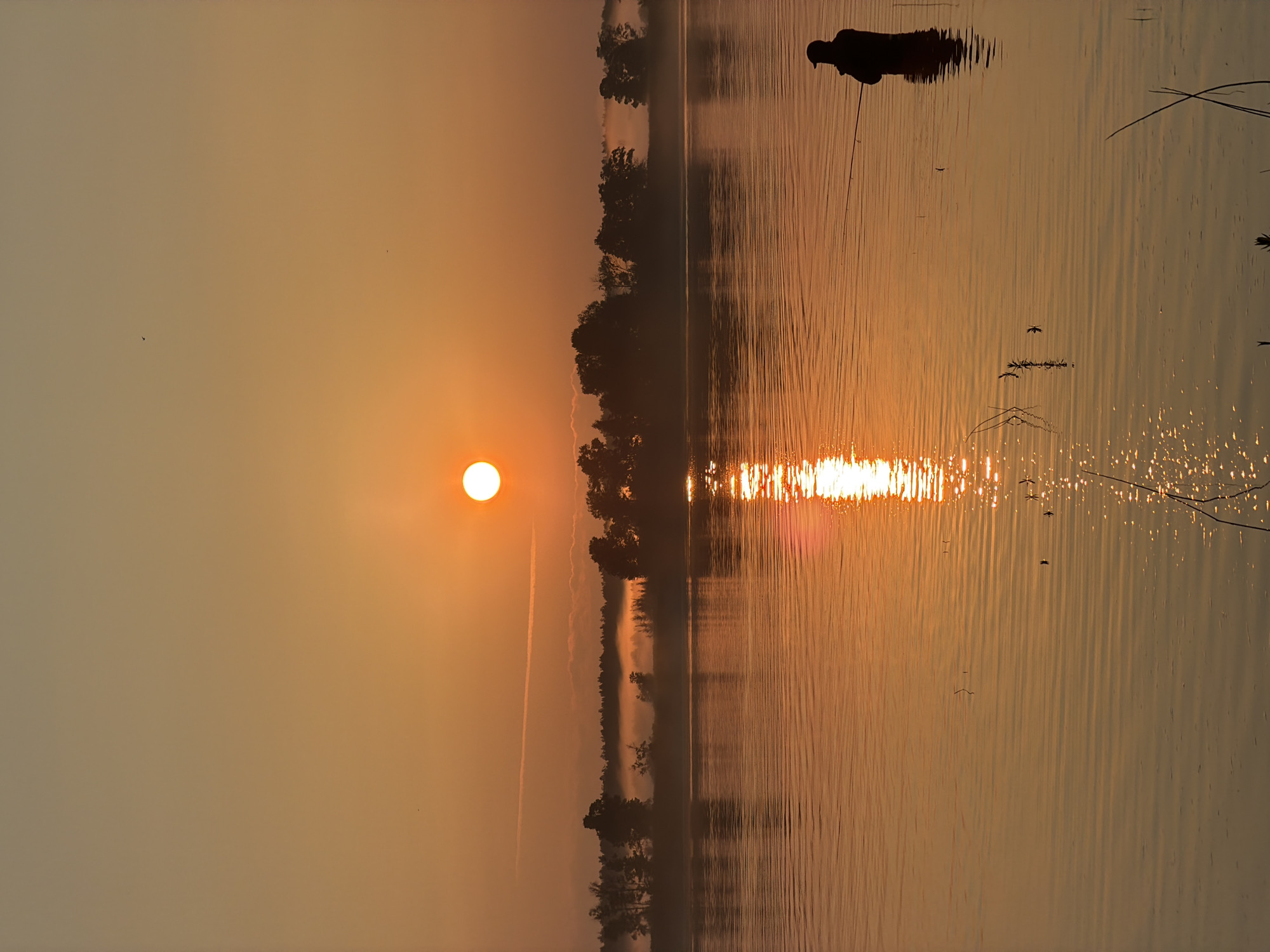 A lone fisherman stands waist-deep in calm water, holding a fishing rod that extends to the right. The sun, a bright orange orb, is low in the sky, casting a warm glow and a reflection on the water's surface. In the distance, a silhouetted tree line is visible, partially obscured by mist. The scene appears to be a serene sunrise or sunset over a body of water, possibly a river or lake, in or near the city of Chernushka, Russia. The overall mood is peaceful and tranquil.