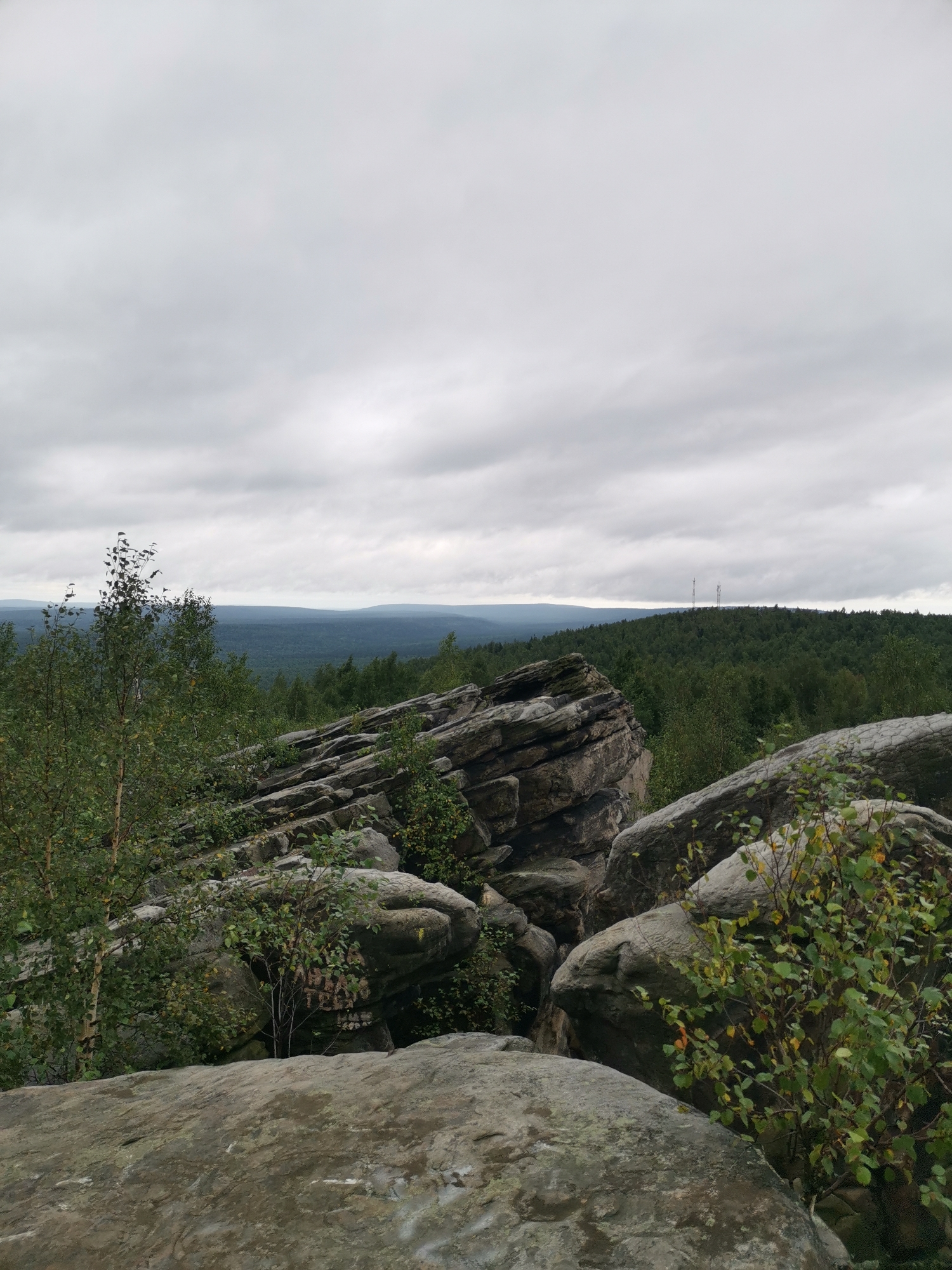 The image shows a rocky, forested landscape under an overcast sky. In the foreground, large gray rocks are prominent, with some vegetation growing among them. Beyond the foreground rocks, a dense green forest stretches to the horizon. In the distance, rolling hills are visible, and two tall antenna towers are present on a distant hilltop. The overall impression is one of a natural, undeveloped area. Based on the presence of similar rock formations and the surrounding forest, this landscape is likely located in the vicinity of Mount Khergokh or the Stone City tourist complex near Gubakha, Russia, which are known for their unique rock formations and extensive forests.