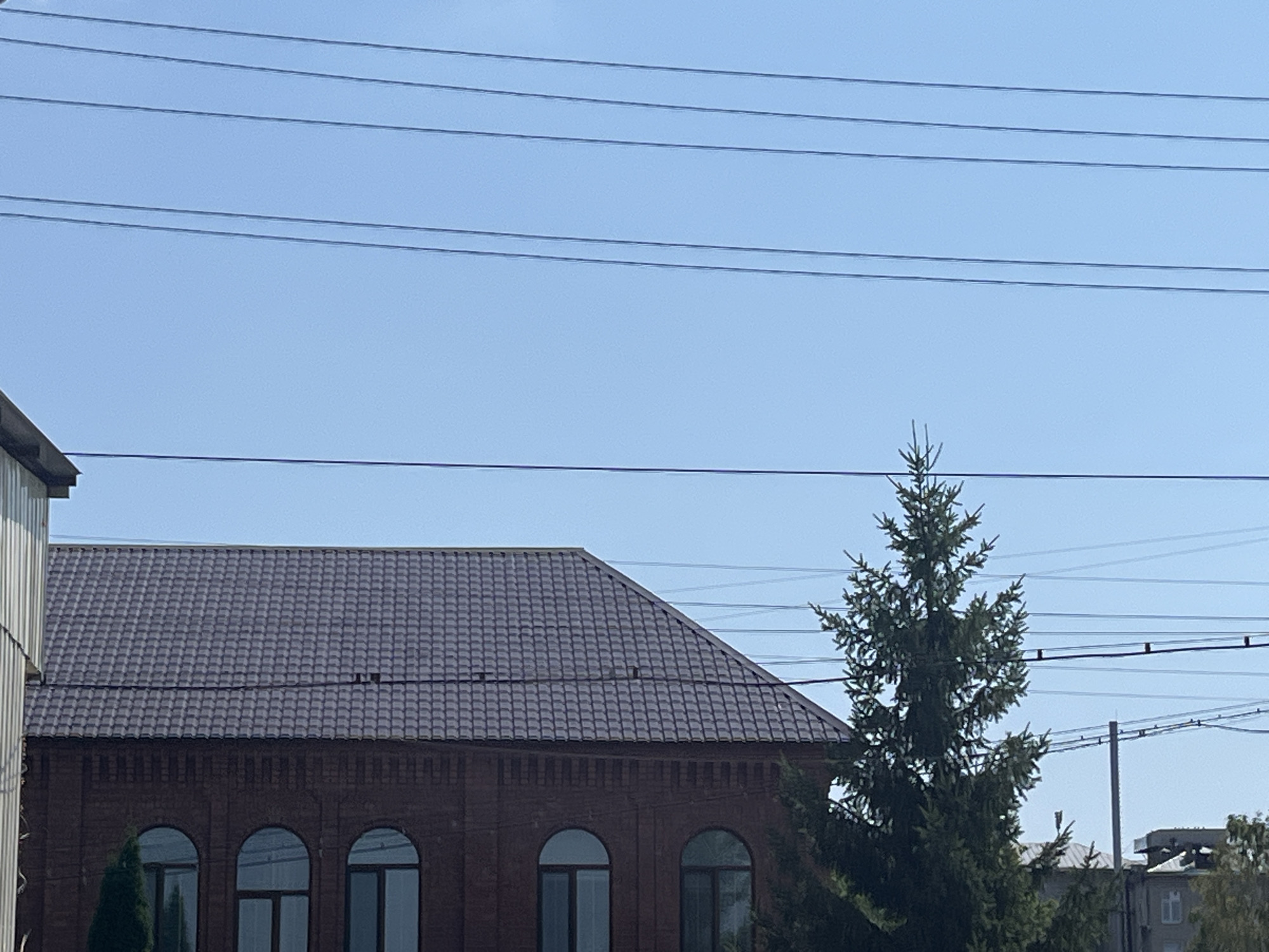The image shows a clear sky with multiple power lines stretching across it. Below the power lines is a building with a dark brown, tiled roof and a red brick facade. The building has several arched windows with dark frames. To the right of the building, a tall evergreen tree is visible. In the background, other buildings and trees can be seen. The image appears to be taken outdoors during the daytime. No people are visible in the image. The location is identified as Saratov, Russia.
