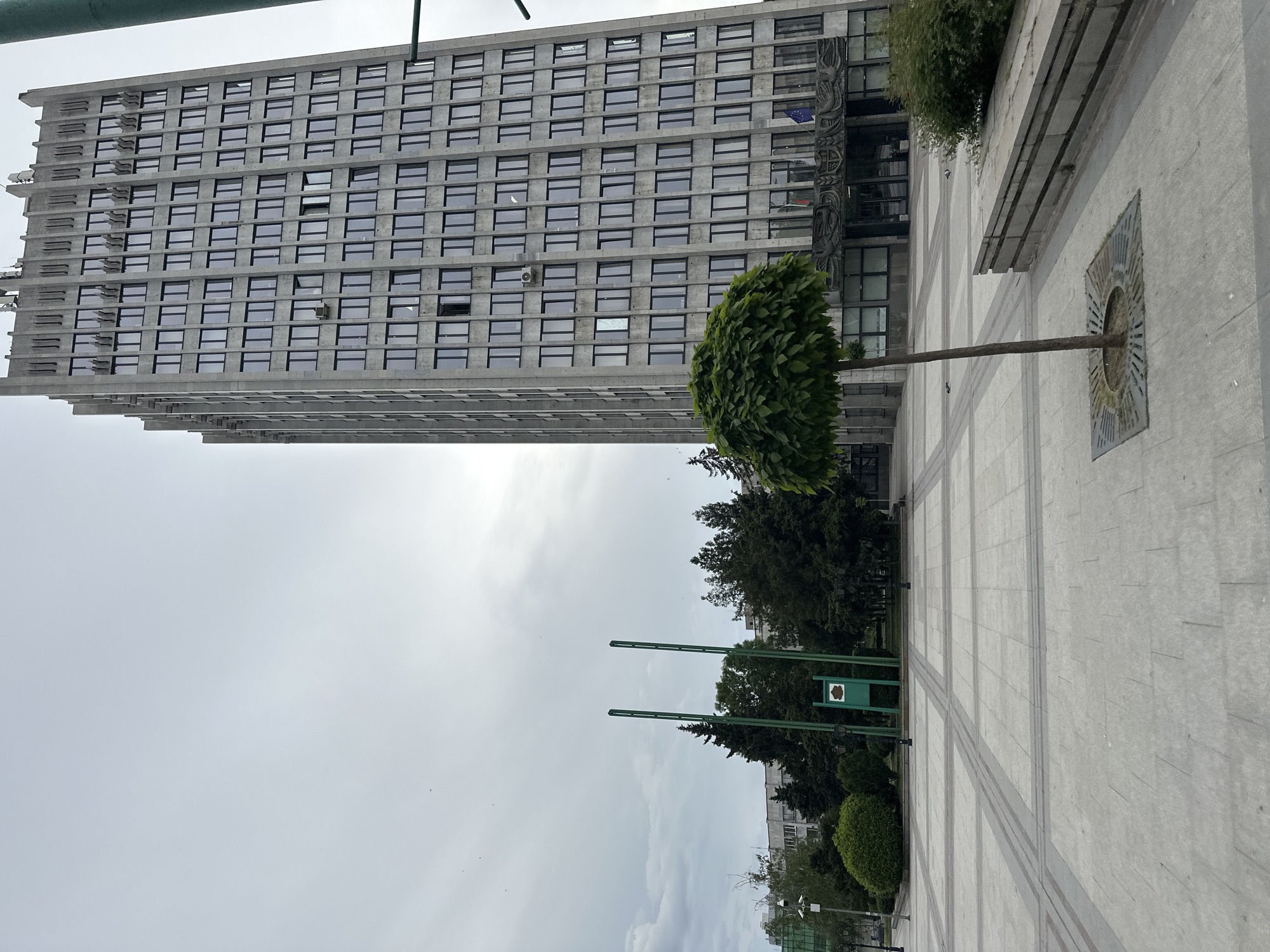 The image captures a cityscape in Vidin, Bulgaria. A tall, modernist building with numerous windows dominates the upper portion of the frame. The facade is likely made of concrete. In front of the building, a paved plaza features a stylized tree with a rounded canopy. The plaza extends into a park area with taller trees. The sky is overcast. Other details include benches near the tree, green poles and signage in the park, and various architectural features of the building, such as the repeating window pattern and overhanging structure.