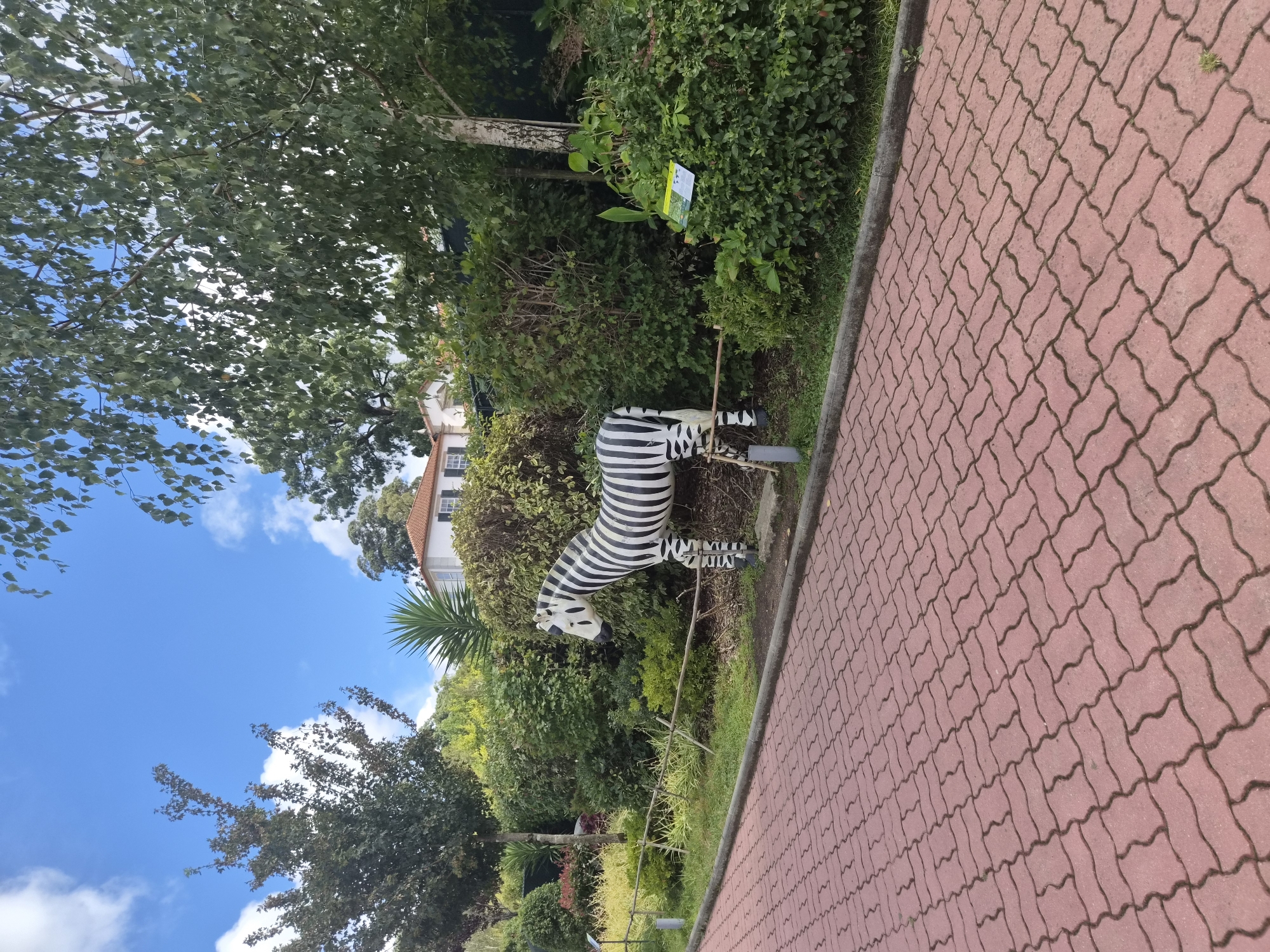 The image depicts a decorative zebra statue placed in a garden area with a red brick walkway in the foreground. The zebra is black and white striped and appears to be made of plaster or resin. Behind the zebra, there is dense green foliage and trees, with a white building with a red tiled roof visible in the distance. The sky is blue with scattered white clouds. The overall scene suggests a public park or a botanical garden. This specific location is identified as the entrance to the Gaia Biological Park in Vila Nova de Gaia, Portugal.