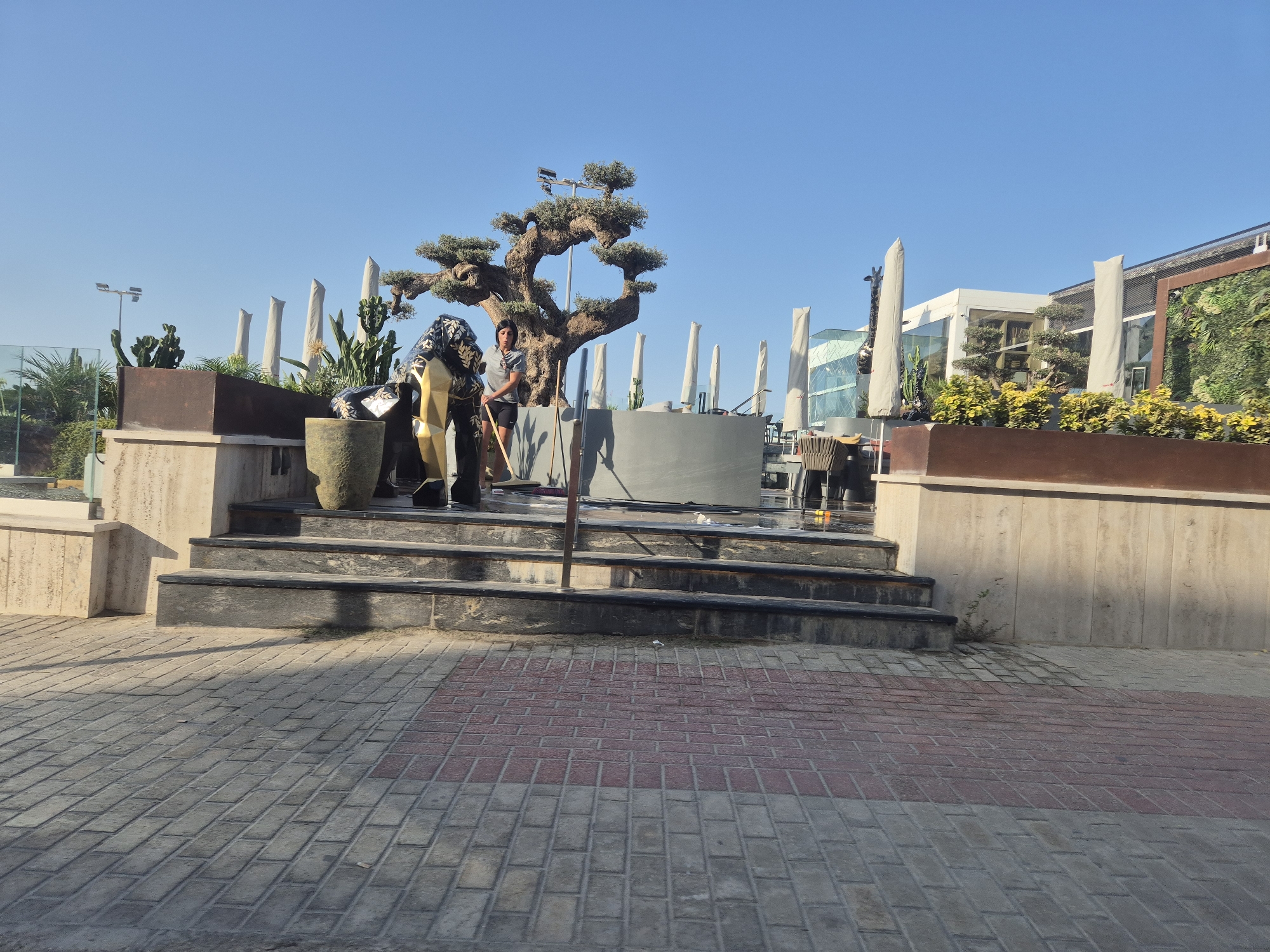 The image shows an outdoor scene in Birżebbuġa, Malta, featuring a paved walkway in the foreground with a pattern of grey and red brick pavers. In the background, there are steps leading up to a raised area with a large, sculpted olive tree. A person wearing a grey t-shirt and dark shorts is standing near the tree, holding a broom. To the left of the tree, there is a decorative sculpture resembling a giraffe. Further back, there are buildings with modern architecture, some covered with greenery. Several large, white, umbrella-like structures are also visible, along with potted plants and outdoor furniture. The sky is clear and blue, indicating a sunny day.
