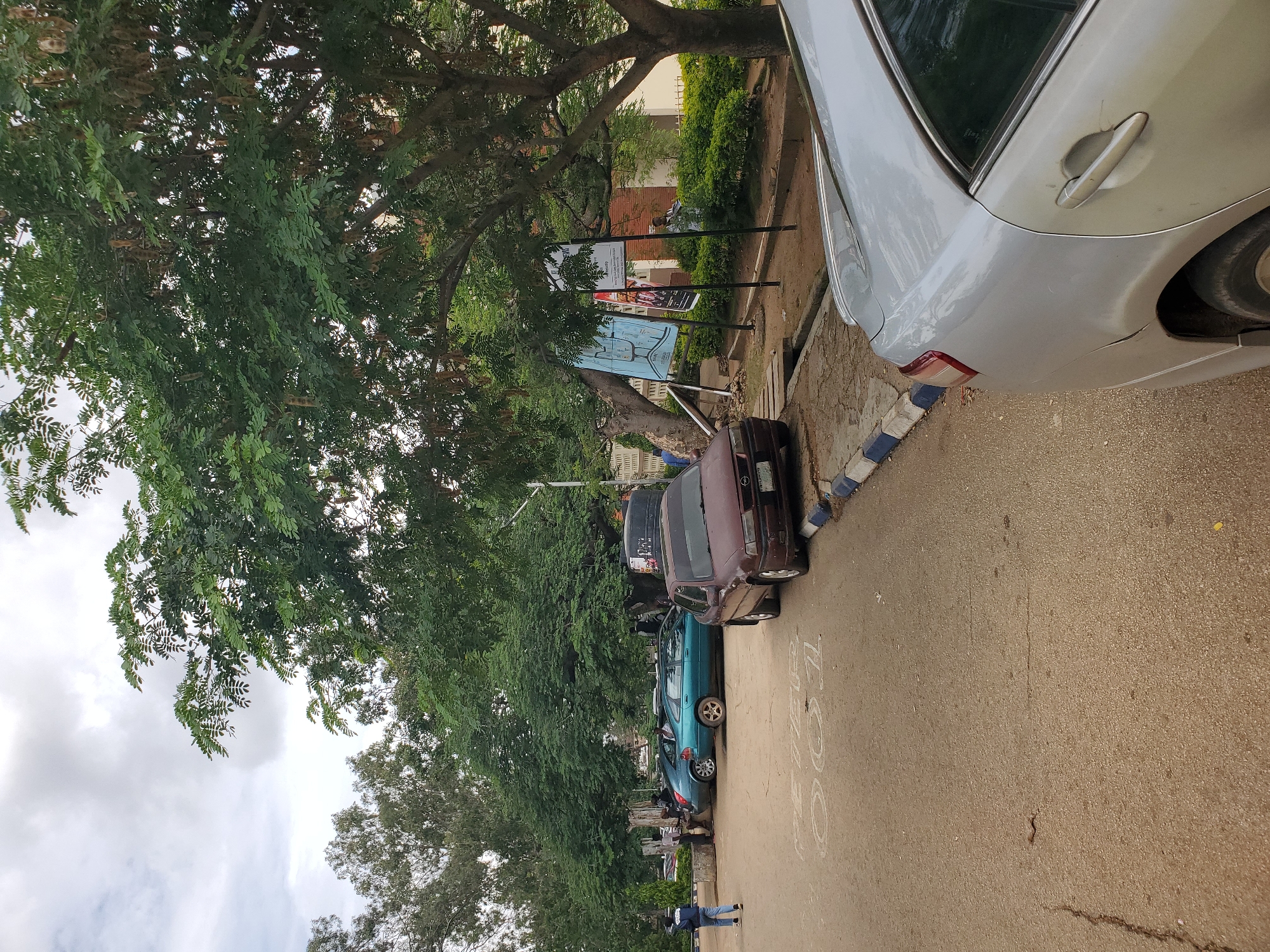 An outdoor medium shot captures a parking lot area with several vehicles and a pedestrian. A silver sedan is parked in the foreground, partially obscuring a maroon sedan. Behind these, a turquoise sedan and a darker green sedan are parked. The vehicles are situated on an asphalt surface with painted markings. A person in a blue jacket and jeans is walking away from the camera on the left side of the frame. Several trees with dense green foliage are prominent throughout the scene. In the background, there are some buildings and more trees. The sky above is overcast with clouds. Several posters are mounted on poles near the trees.