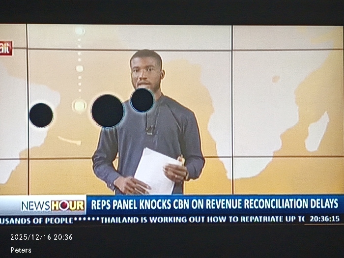 A news broadcast from AIT, featuring a man in a dark shirt holding a paper. The headline reads "REPS PANEL KNOCKS CBN ON REVENUE RECONCILIATION DELAYS." The news ticker at the bottom mentions "THOUSANDS OF PEOPLE" and Thailand working to repatriate up to a certain number. The broadcast timestamp shows "2025/12/16 20:36" and the name "Peters" is also visible. The background depicts a map.