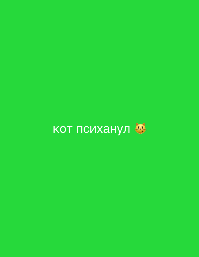 The image is a solid green background with white text at the bottom center, which reads "кот психанул" followed by a cat face emoji. The meaning of the text is "cat freaked out". There is no indication of a location.
