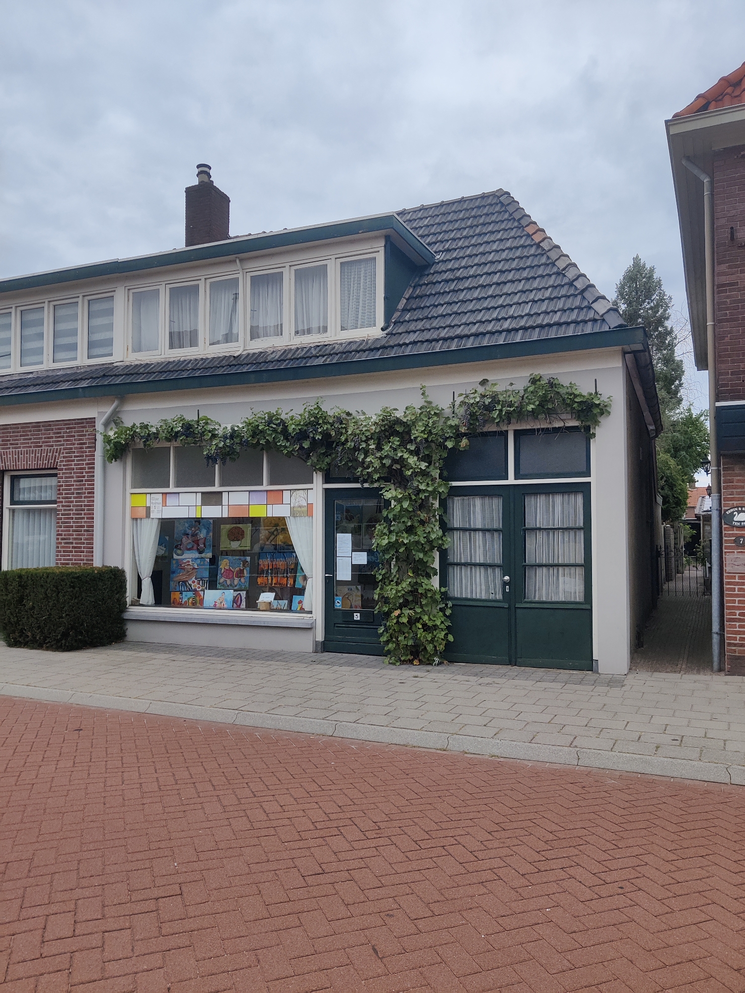 The image shows a street scene in Winterswijk, Netherlands, on a cloudy day. The foreground features a red brick herringbone-patterned sidewalk. Behind the sidewalk, a grey tiled pathway is visible, separated by a concrete curb.
The main subject is a building with a light-colored facade and a dark tiled roof. The building has a prominent, large storefront window filled with various paintings or artworks. White curtains are drawn across the upper portion of the window. Above the storefront, a line of rectangular windows with white frames and horizontal blinds is visible. A green gutter runs along the roofline.
To the left of the storefront, there is a section of red brick wall with a small window. A neatly trimmed green hedge is positioned in front of this section. Climbing green vines with some dark fruit (possibly grapes) grow up the facade of the building, covering a portion of the wall and extending over the storefront windows.
To the right of the storefront is a dark green door with glass panes covered by white curtains. A narrow alleyway is visible to the right of this door, leading further back between buildings. The building on the far right, partially visible, is constructed of red brick and also has a tiled roof.
A chimney with a cap is visible on the roof of the main building. The sky is overcast with grey clouds. The scene appears to be a commercial area, possibly an art gallery or a shop selling artwork, judging by the display in the window. There are no people visible in the image.