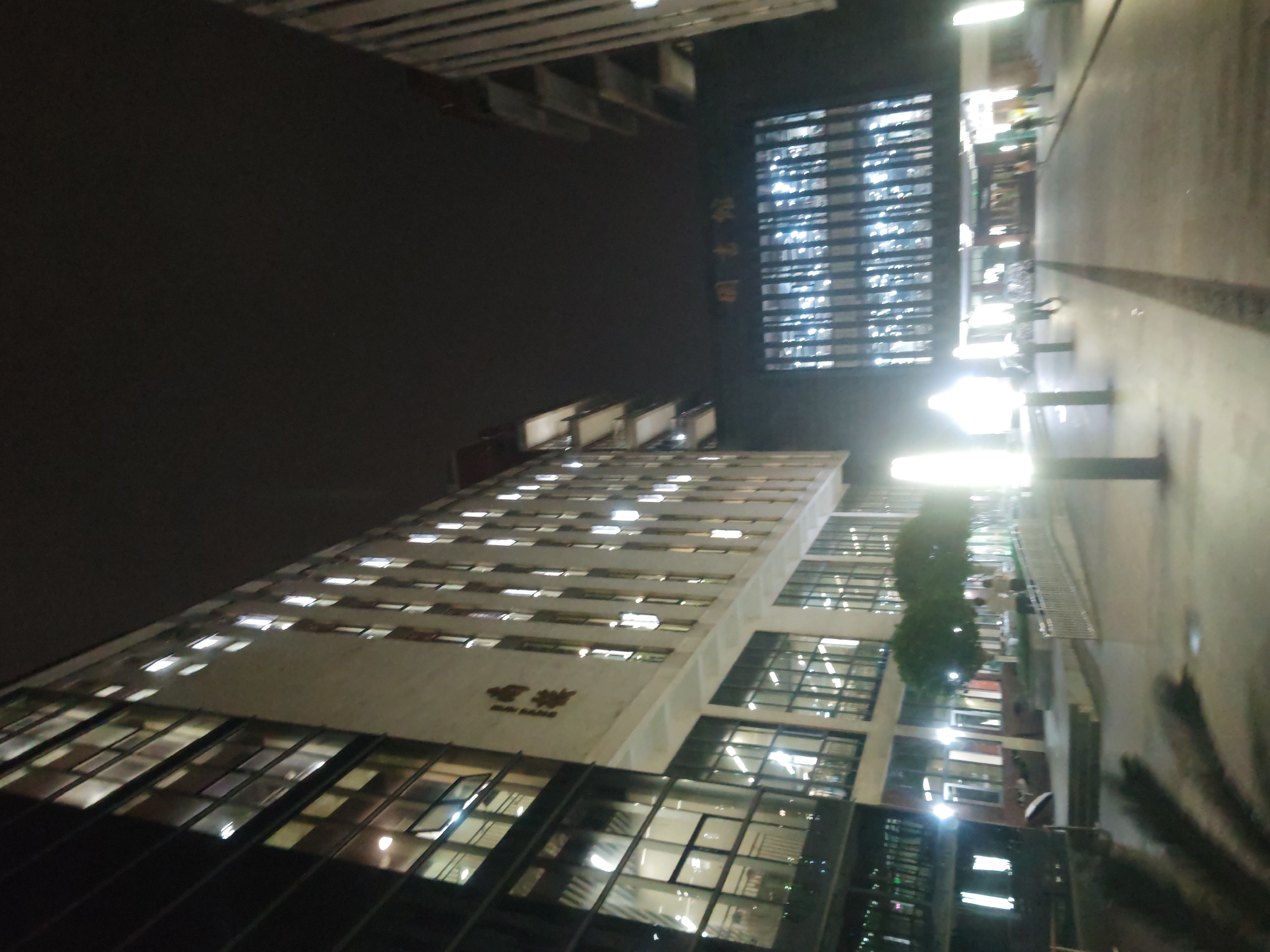 The image displays an urban night scene, dominated by brightly illuminated high-rise buildings and a pedestrian street. A tall, light-colored skyscraper stands prominently on the left, its numerous windows glowing with artificial light. On its facade, Chinese characters "裕華" (Yùhuá) are visible, with smaller English text "SUN HUNG" below them.
Further into the scene, another building or structure features a distinctive, brightly lit grid-patterned facade, where additional Chinese characters "裕华园" (Yùhuá yuán) can be faintly discerned. The top section of a third building is partially visible in the upper left.
A well-lit street or pedestrian plaza extends on the right side of the image, lined with streetlights that cast bright glows and reflections. Several indistinct human figures can be seen walking along the plaza, suggesting ongoing activity. A palm-like plant is partially visible in the bottom right foreground. The overall atmosphere is that of a bustling city at night, with a slightly blurry and noisy photographic quality typical of low-light conditions. The prominent Chinese text suggests a location in a Chinese-speaking region, aligning with the provided context of Chongqing High-tech Zone, China.